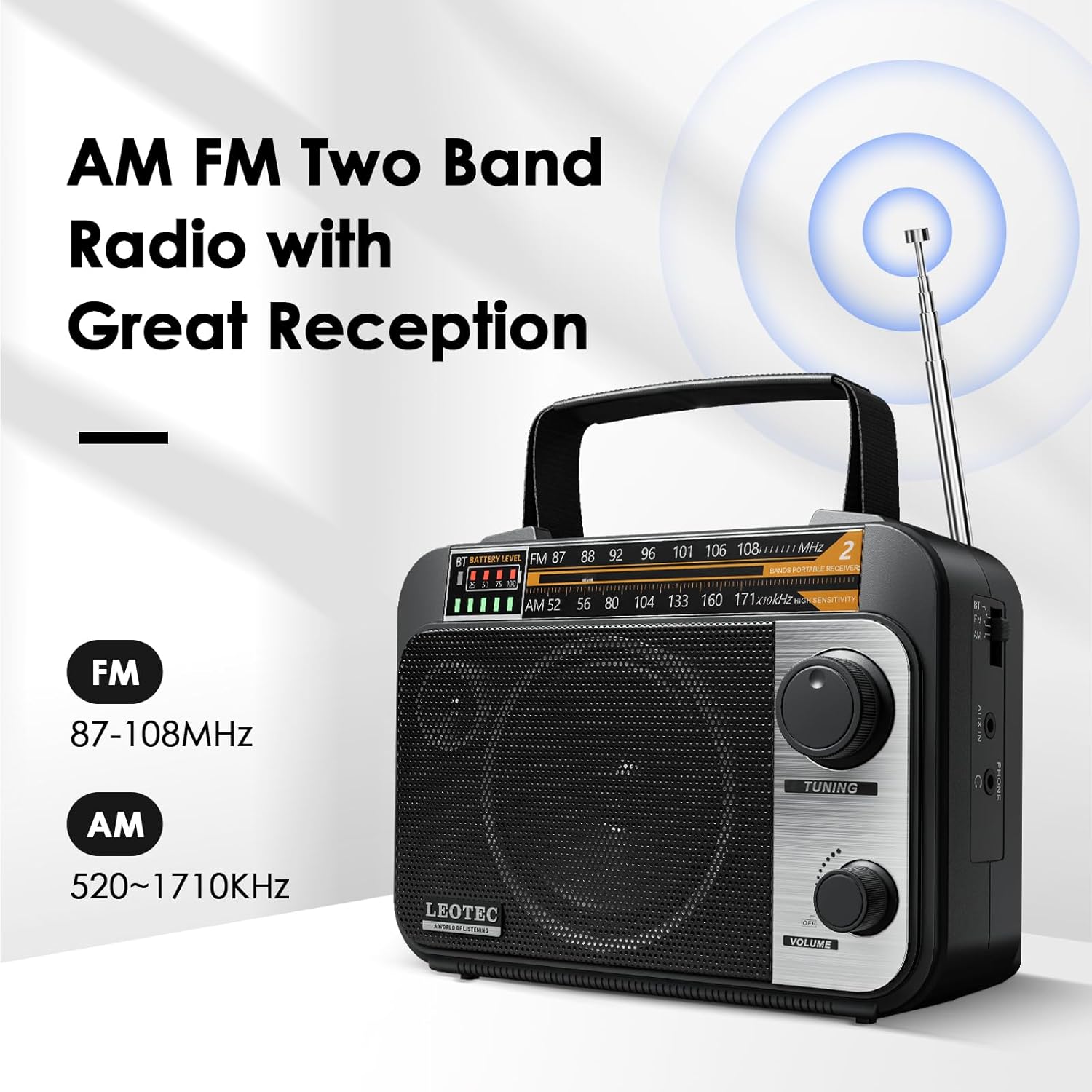 LEOTEC portable vintage AM FM radio with Bluetooth and rechargeable battery, featuring a classic transistor design and digital display.