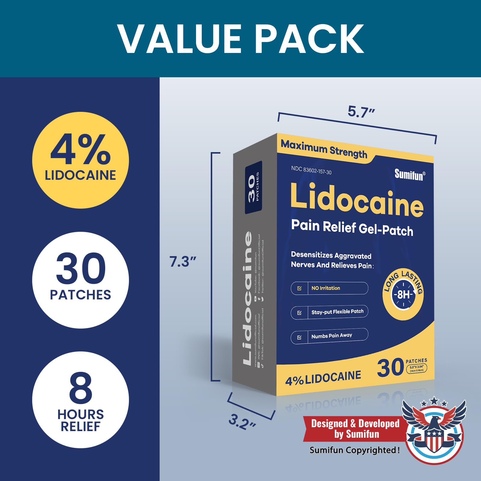 Sumifun 4% Lidocaine Pain Relief Patches 30 Count(Pack of 1)