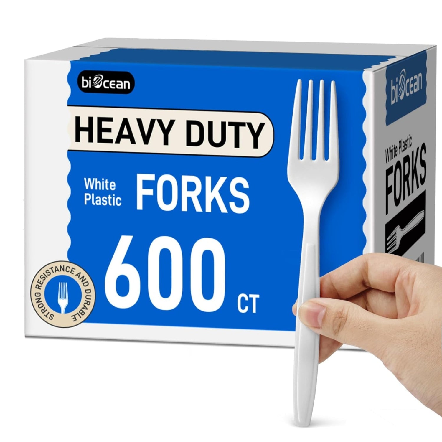 Set of 600 white disposable plastic forks from biocean, heavy-duty silverware for parties and events, shown in a bulk pack.