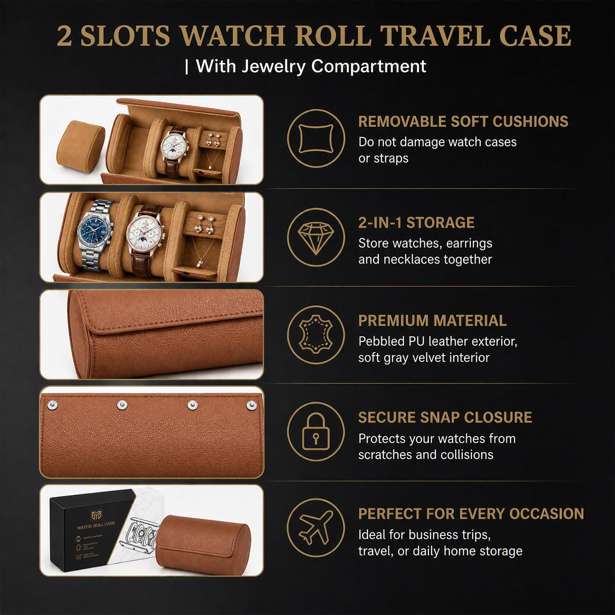 Travel Watch Box 2 Watch Slots Jewelry Case for Ring - YMluky Official Imagery - 5
