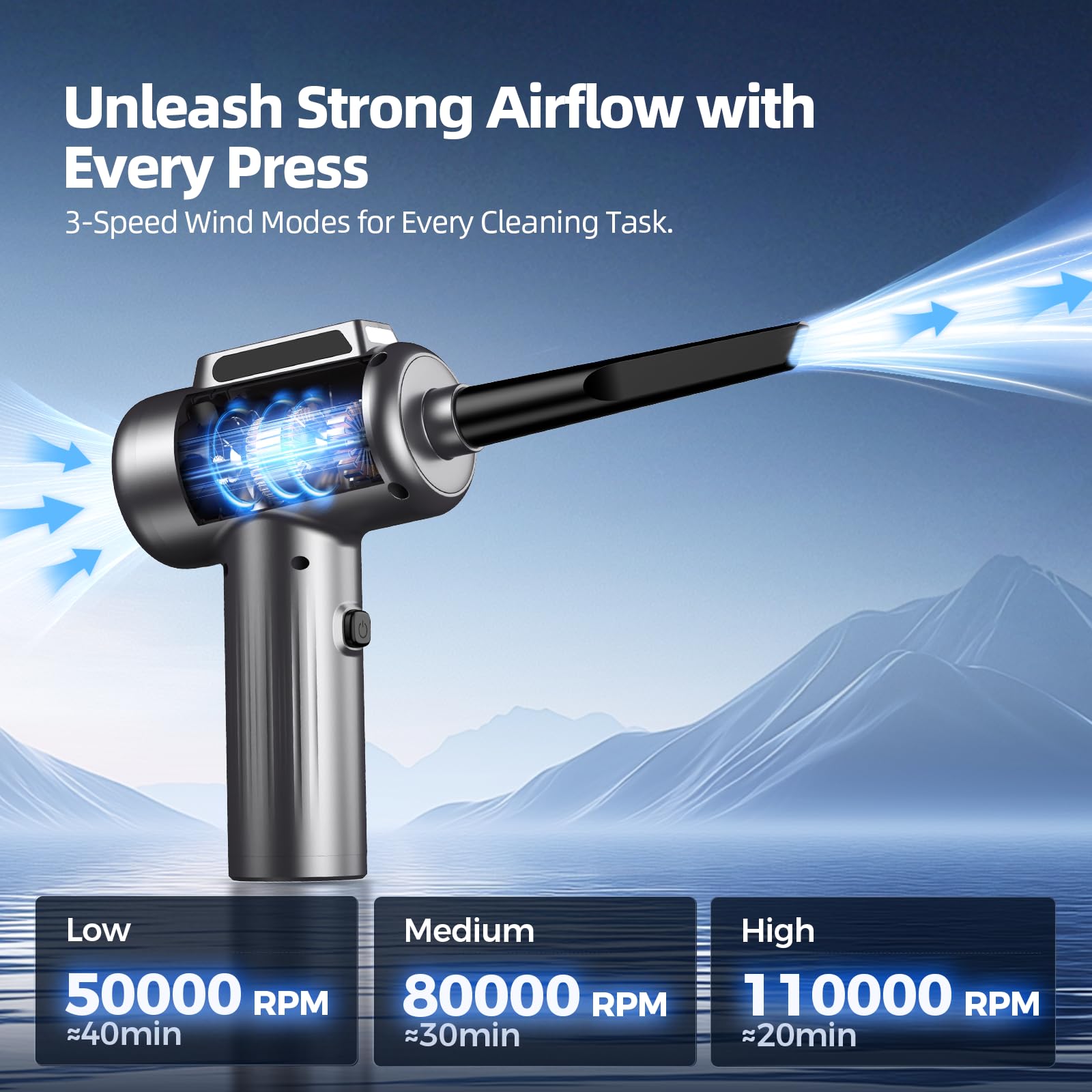 POMELS electric compressed air duster with LED light, 110000RPM, 3-speed adjustable mini blower for cleaning computers and electronics