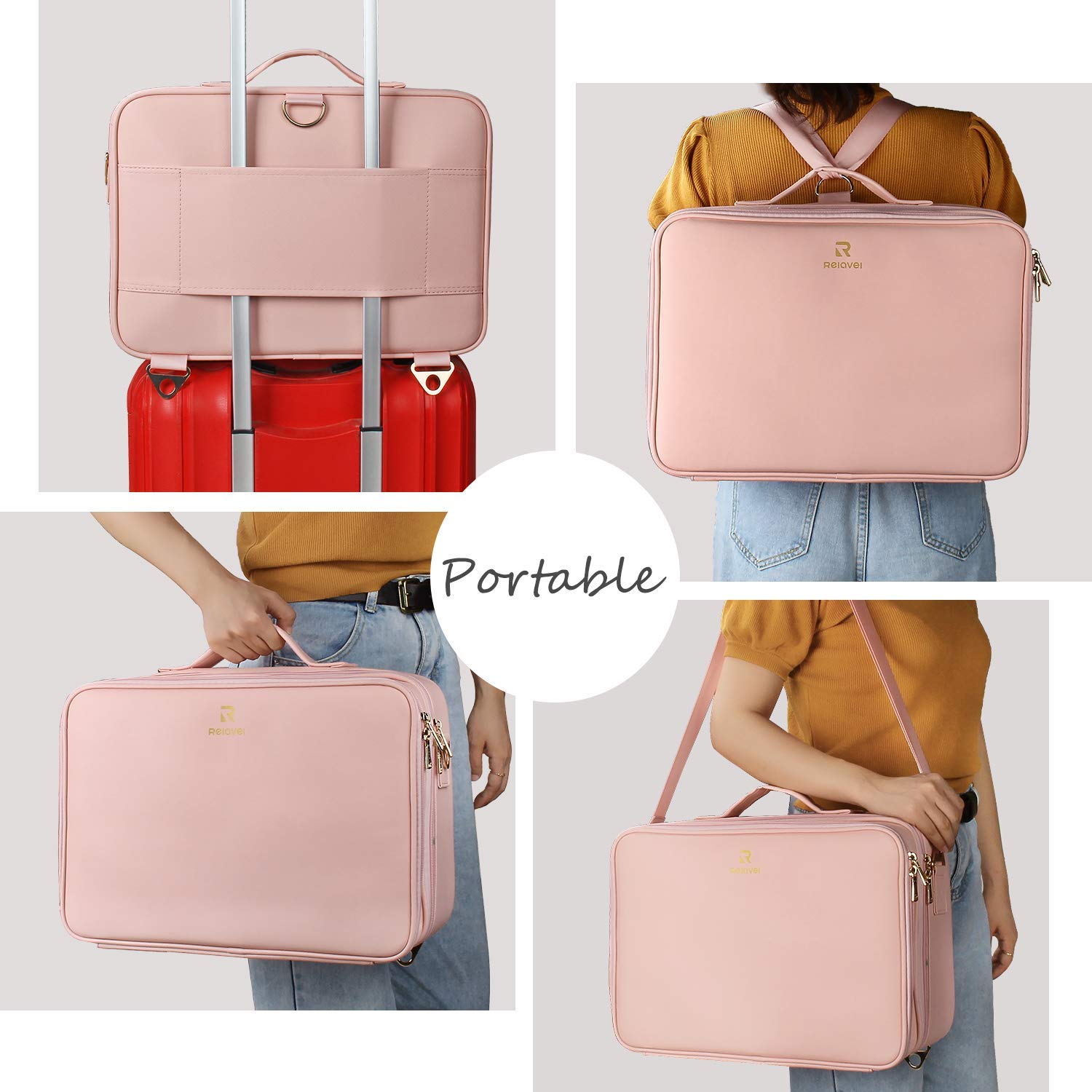 Relavel travel makeup train case with adjustable dividers, compact cosmetic case for organizing beauty products on the go.