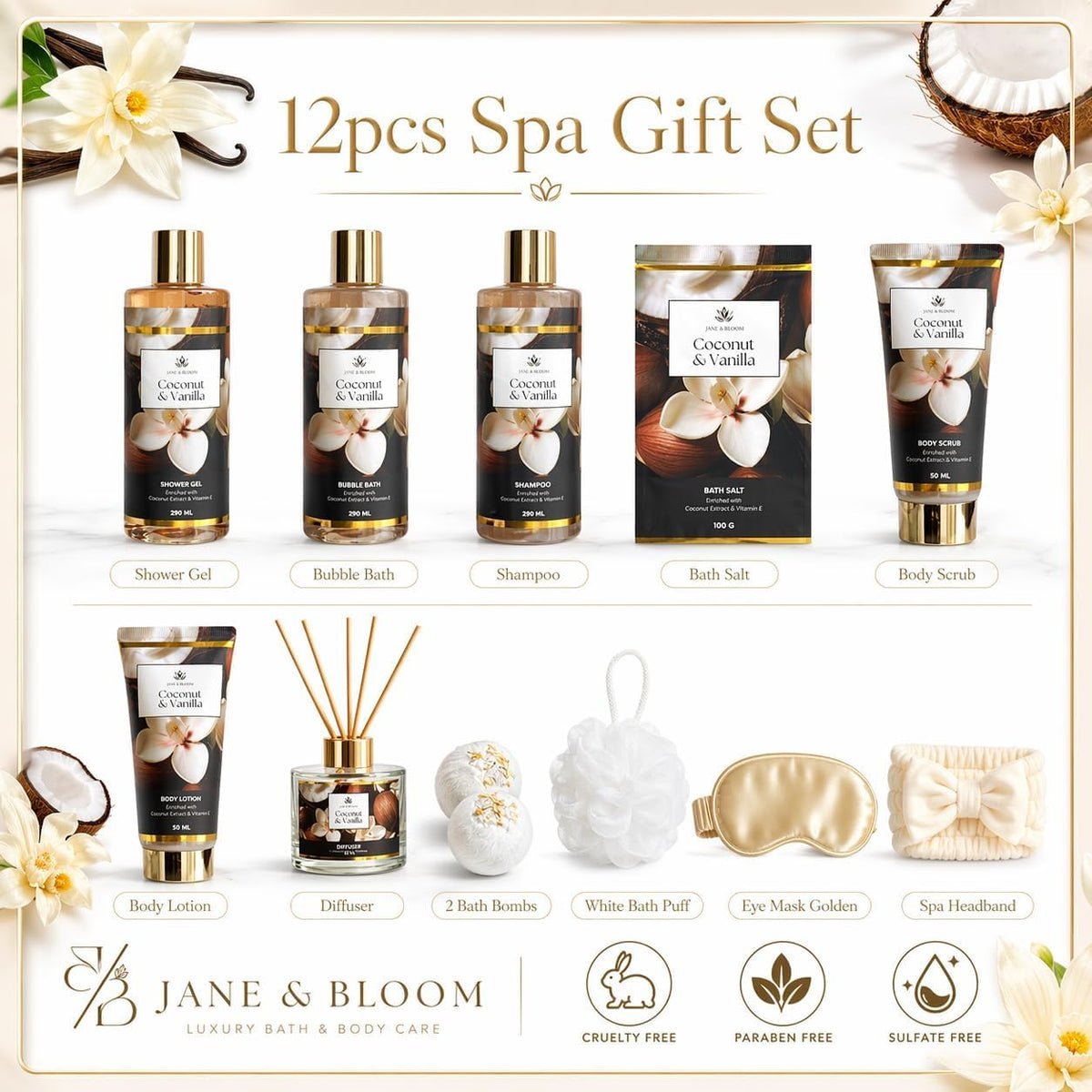 Spa Gift Basket for Women Coconut Vanilla 12 Piece Bath Gift - Jane & Bloom Official Imagery - 3