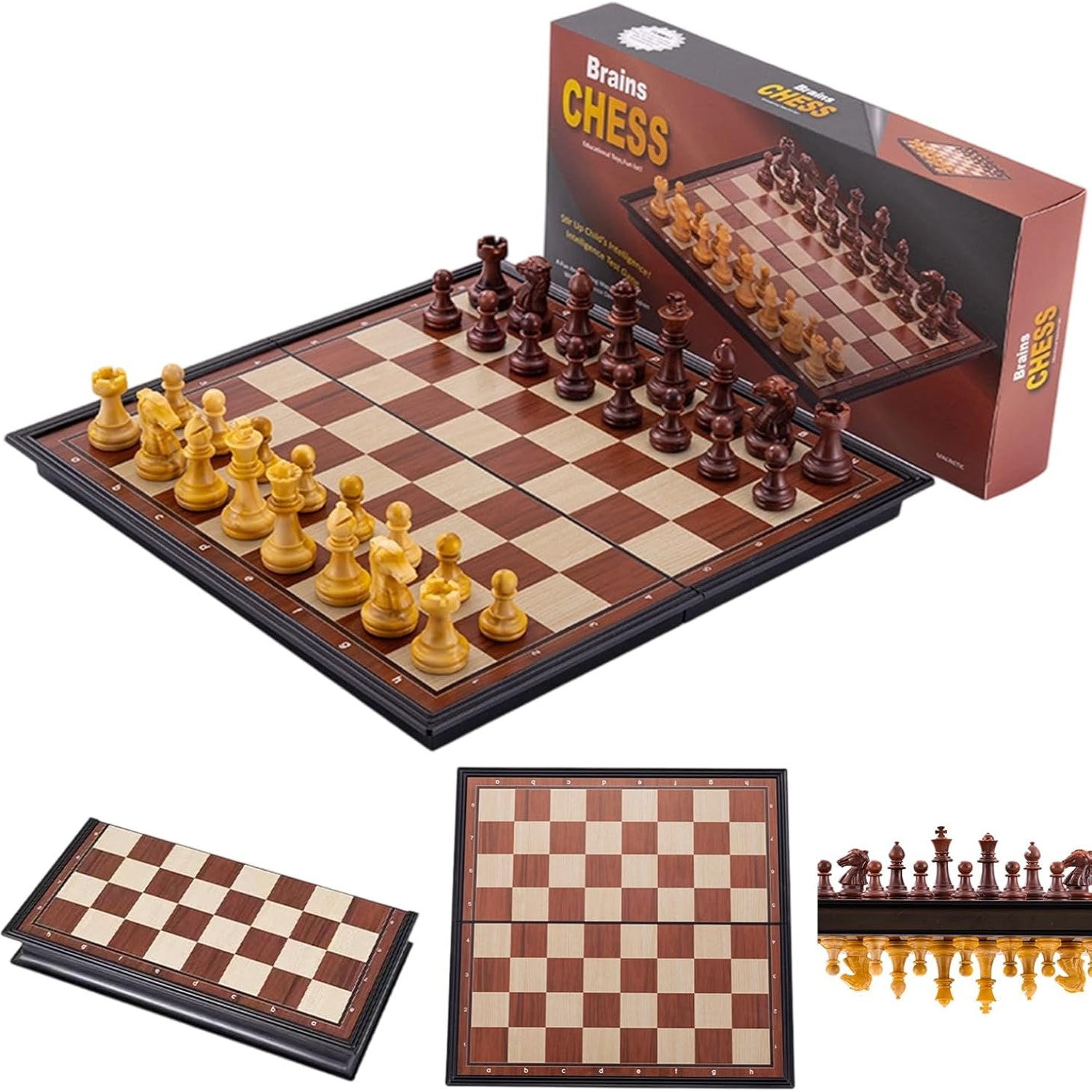 DUBSTAR folding wooden chess set with 17-inch storage chess board and chess pieces, perfect for travel and game nights.