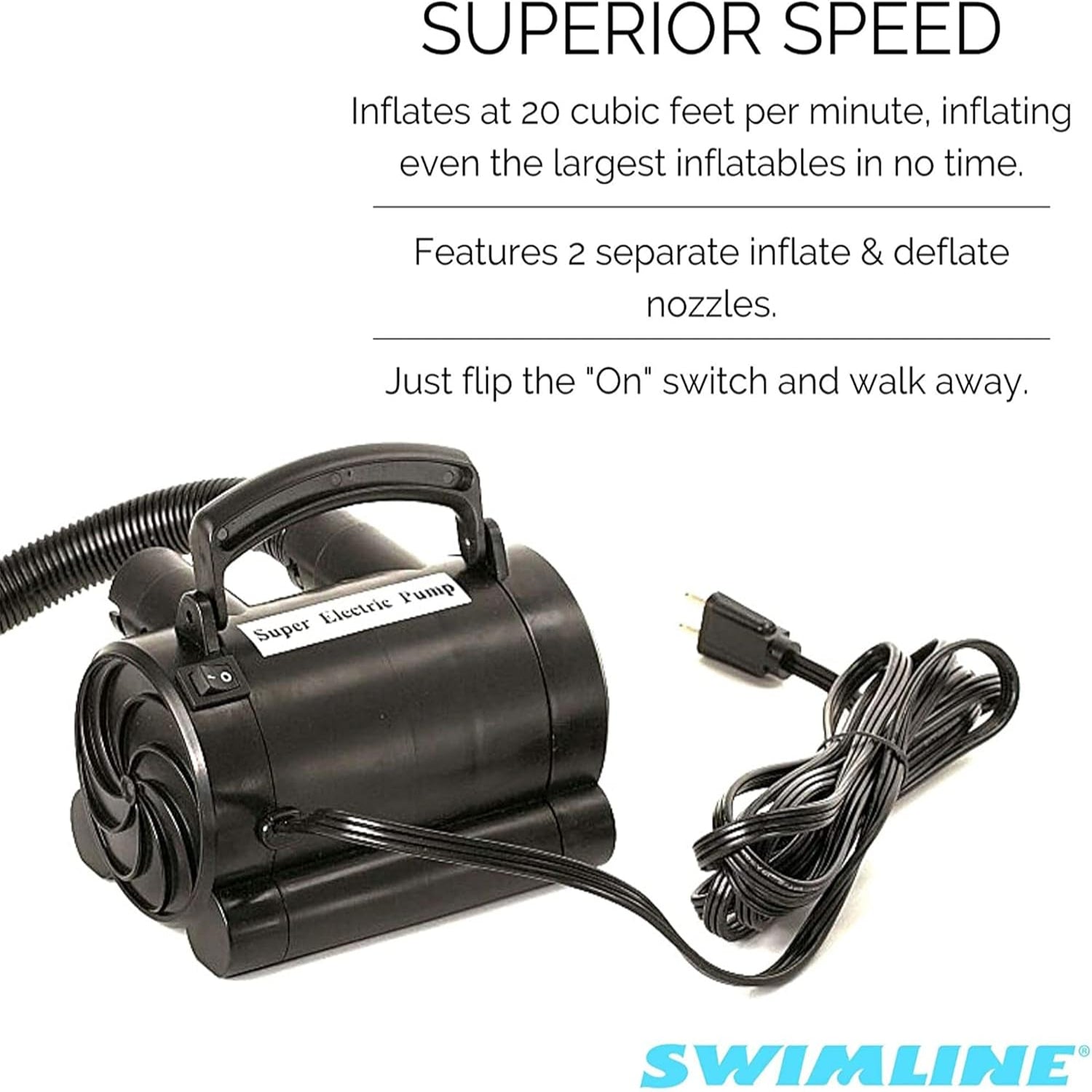 Swimline electric pump for inflatables, compact device with power cord and control switch for easy inflation of pool toys and floaties
