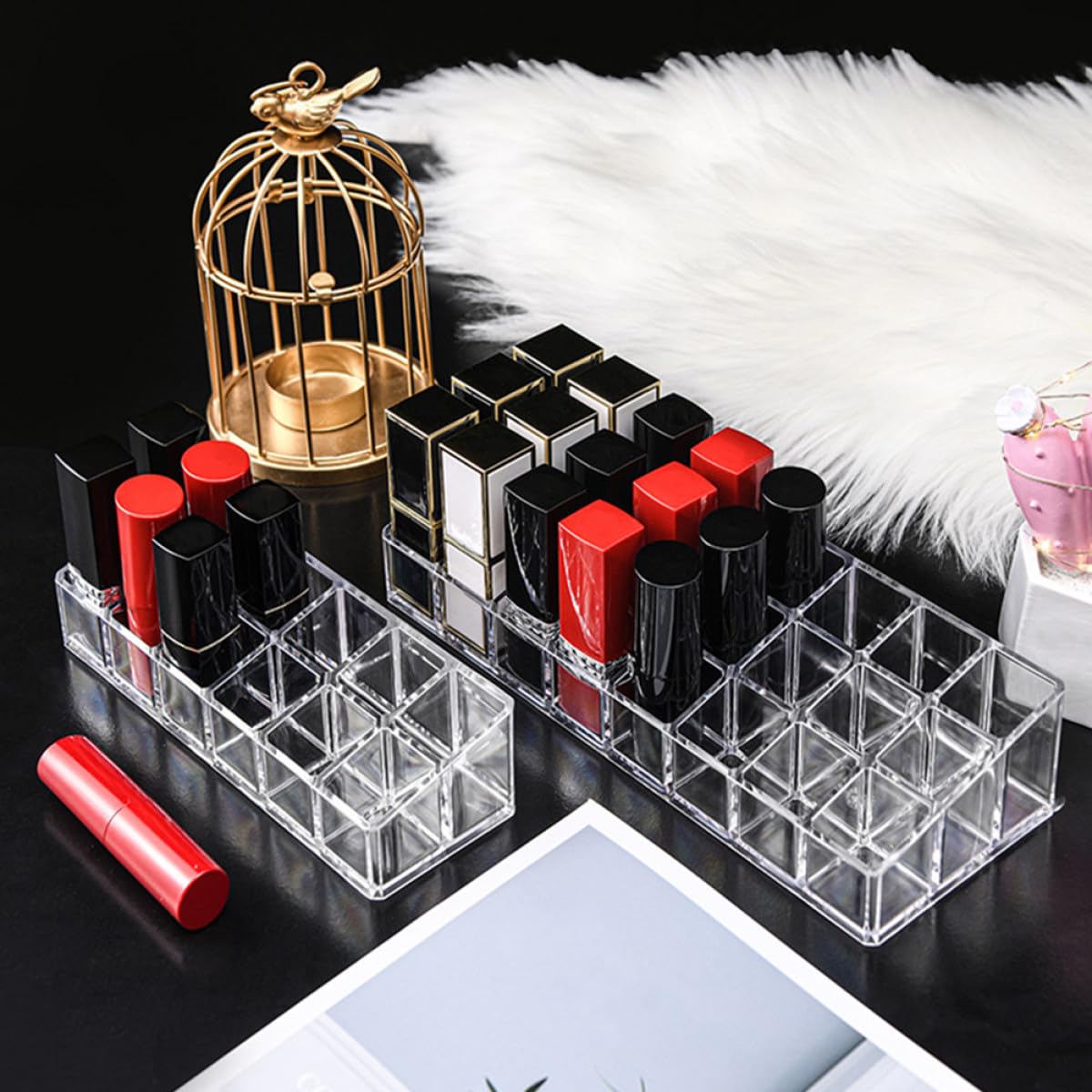 Sewroro 2-piece lipstick organizer and lip gloss holder with 12 slots, double-layer design, thickened cosmetic storage caddy.