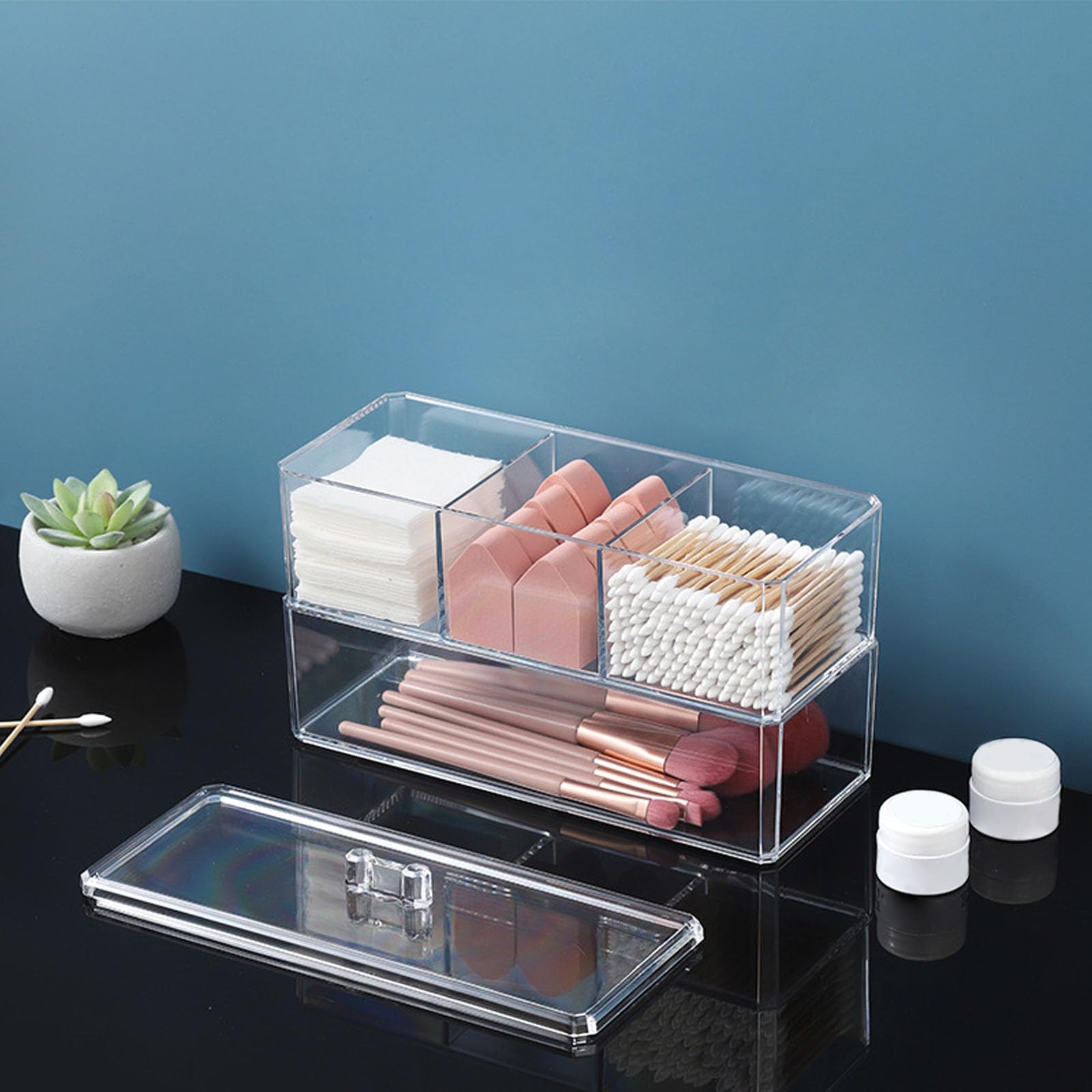 MAGICLULU 2-layer acrylic makeup sponge and puff organizer caddy with clear transparent design for storing beauty tools.