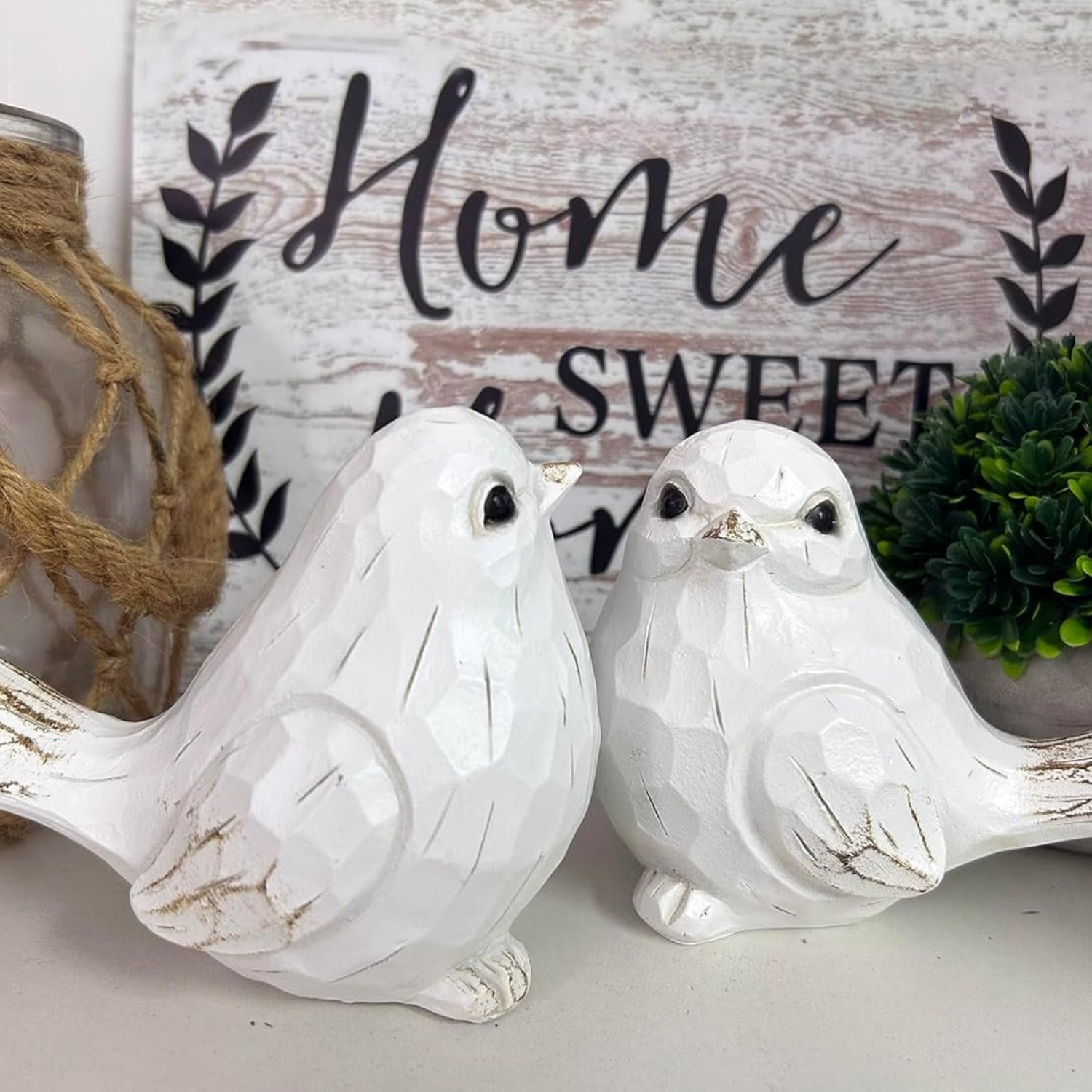Set of 2 white bird sculptures for farmhouse or home decor, featuring realistic bird statues by realideas.