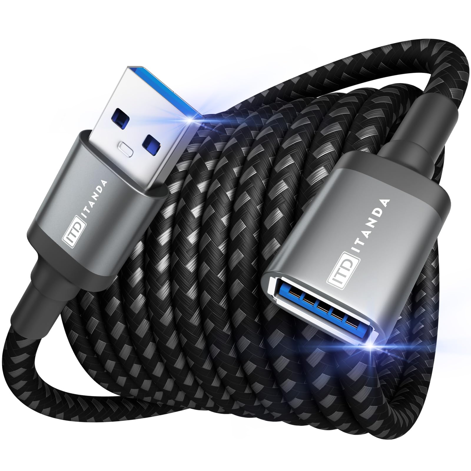 ITD ITANDA 10ft USB 3.0 extension cable with Type A male to female connectors for keyboard, mouse, printer, and more.