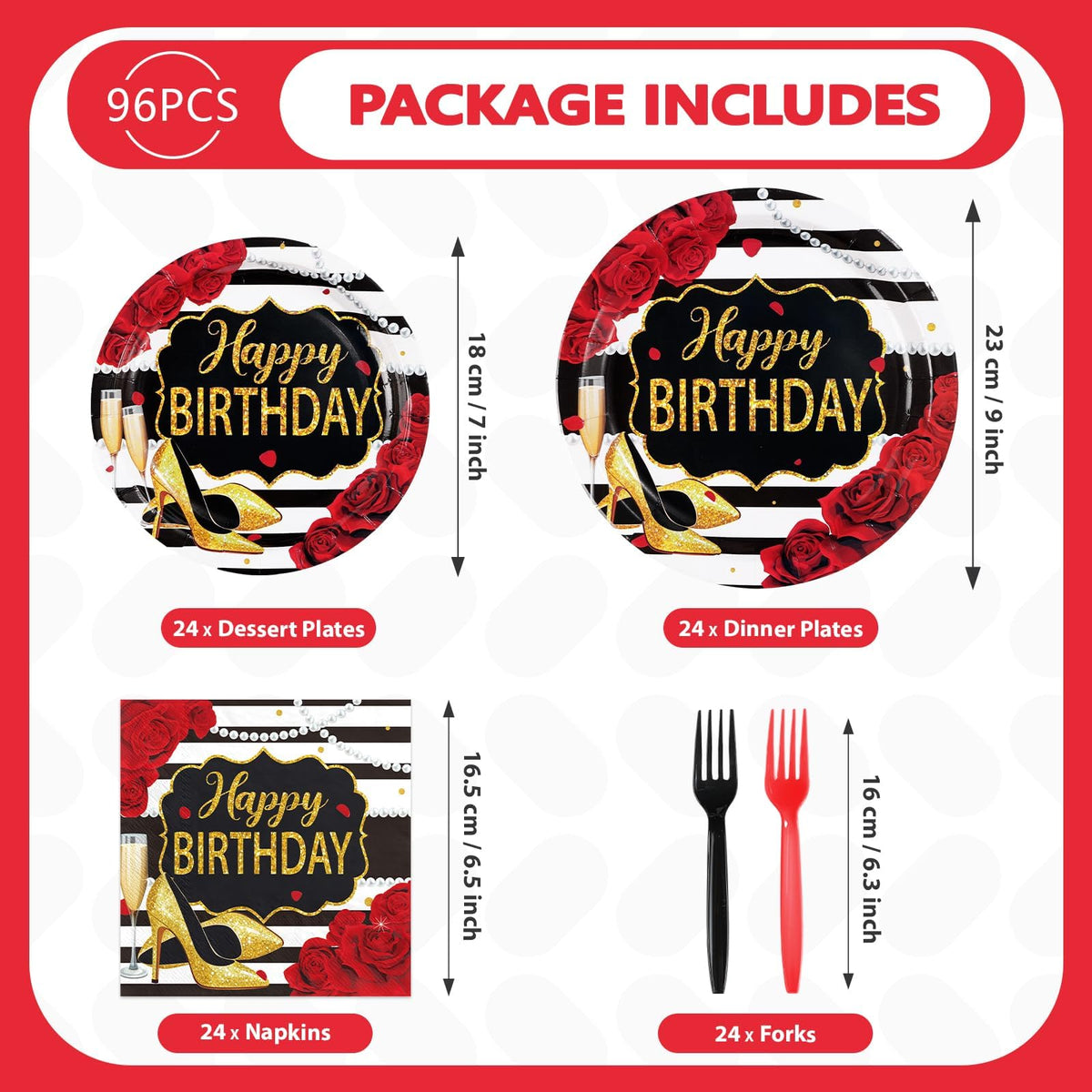 96Pcs Red Glitter Roses Birthday Party Decorations Serves 24 - Greencian Official Imagery - 4