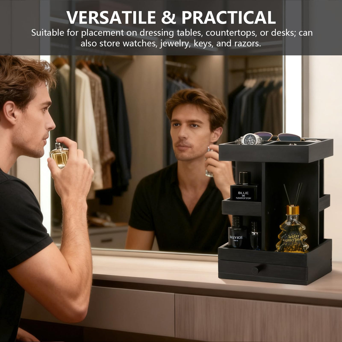 Rotating Cologne Organizer for Men Black Wooden Perfume - VYNOPA Official Imagery - 4