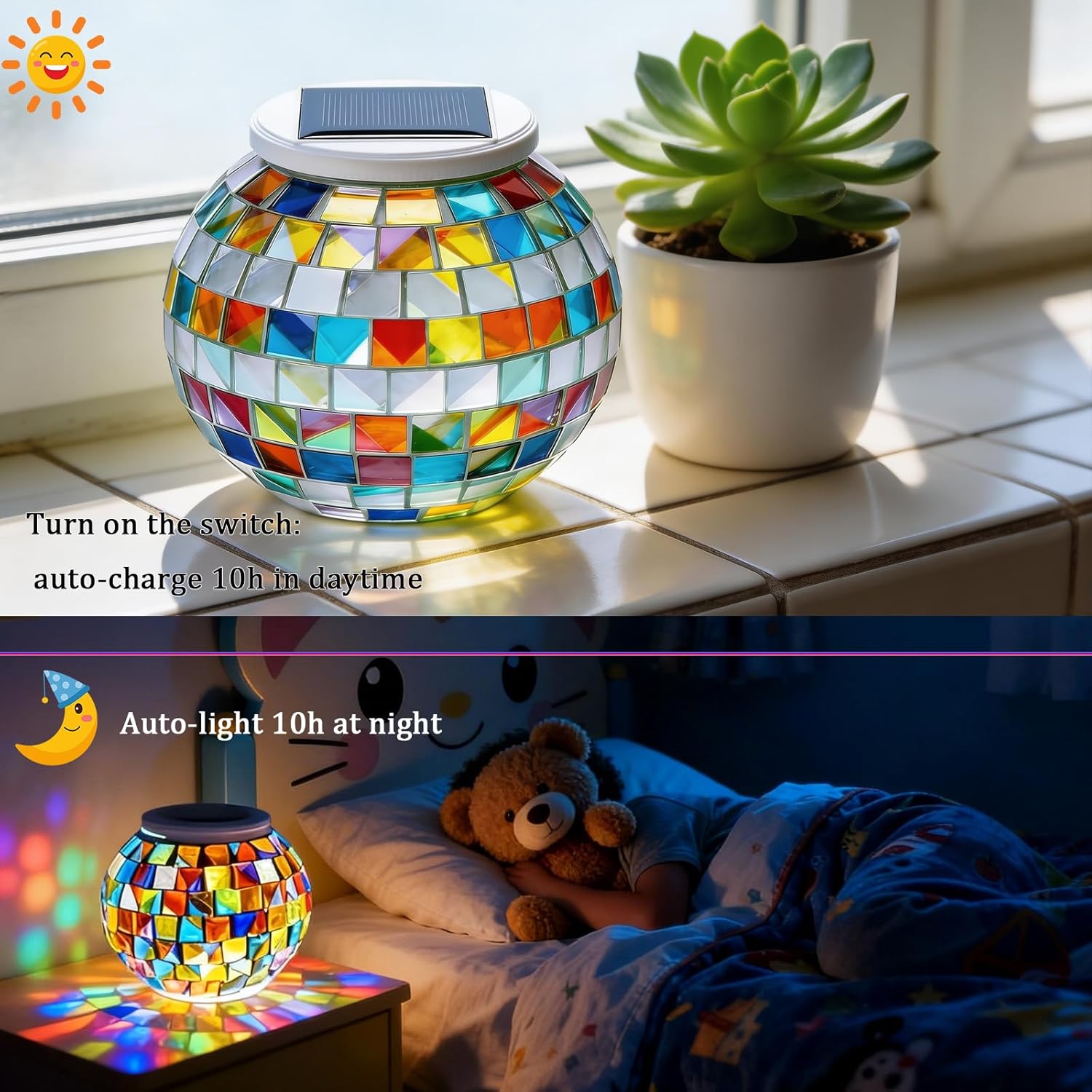 Aukora color-changing solar-powered glass ball garden light with LED illumination, designed as a decorative table lamp for outdoor spaces.