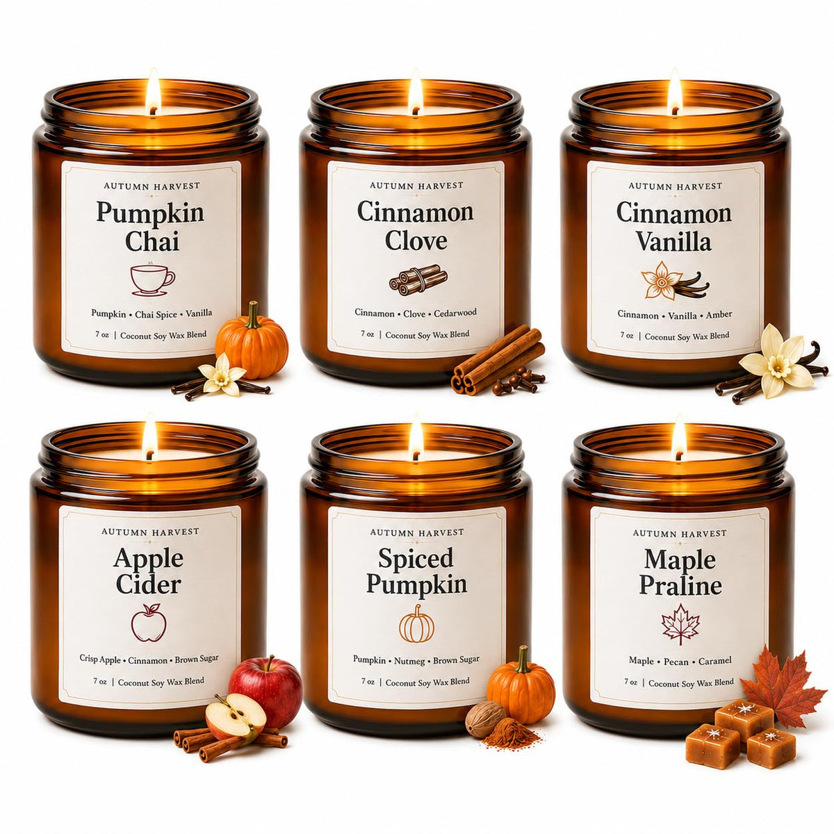 Fall Scented Candle Set of 6 7 oz Soy Candles for Home - YINUO LIGHT Official Imagery - 1