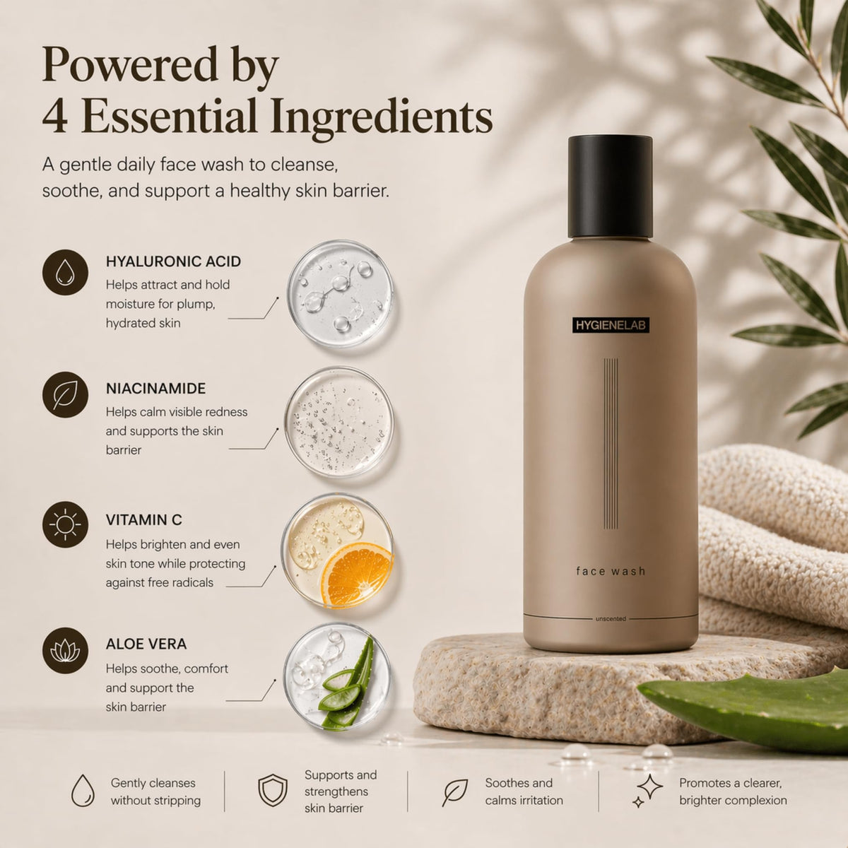 HygieneLab Face Wash EWG Verified gentle hydrating cleanser with foaming texture, suitable for daily facial cleansing.