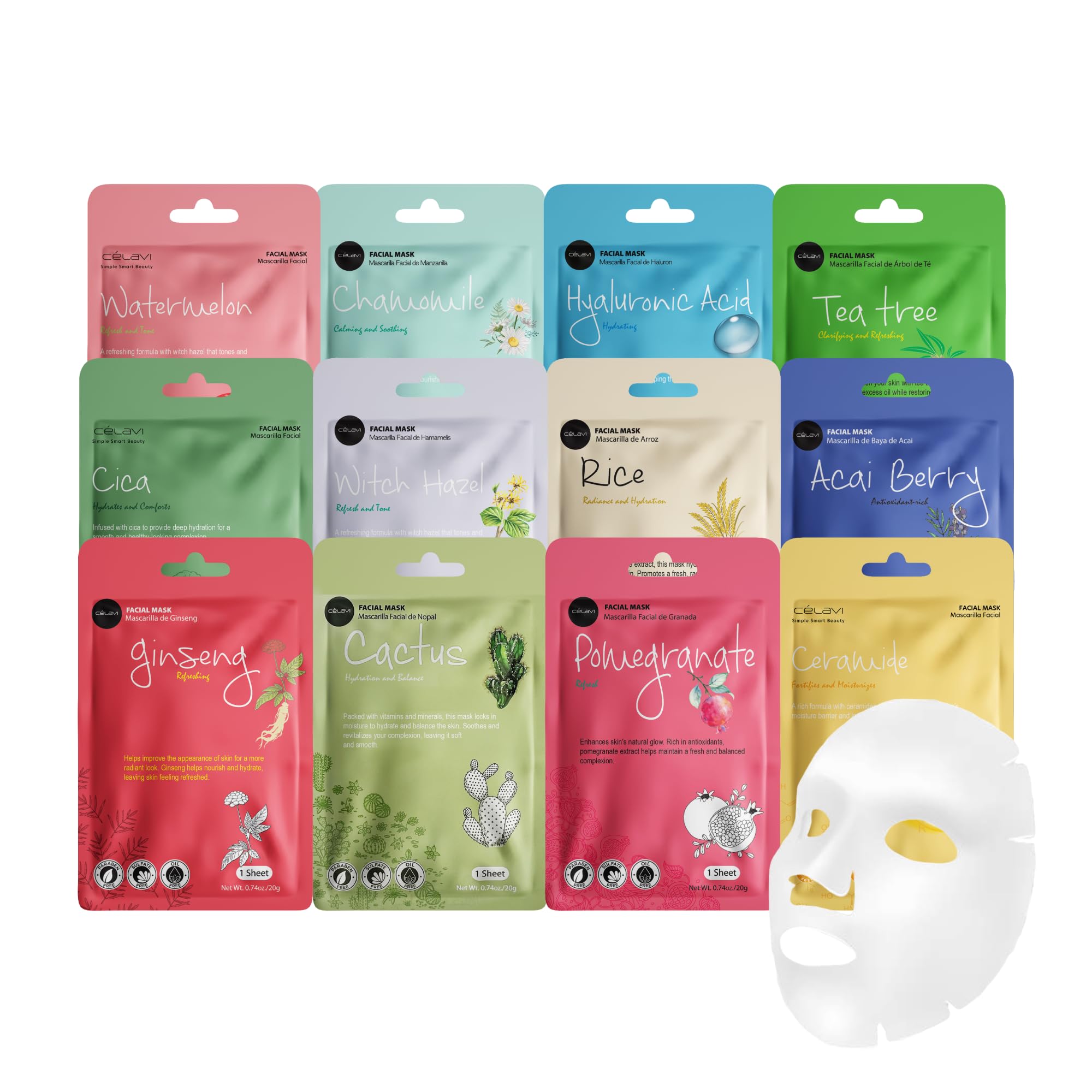 Celavi Korean Face Mask Sheet Set, Facial Spa Masks for Women, - Celavi Cosmetics