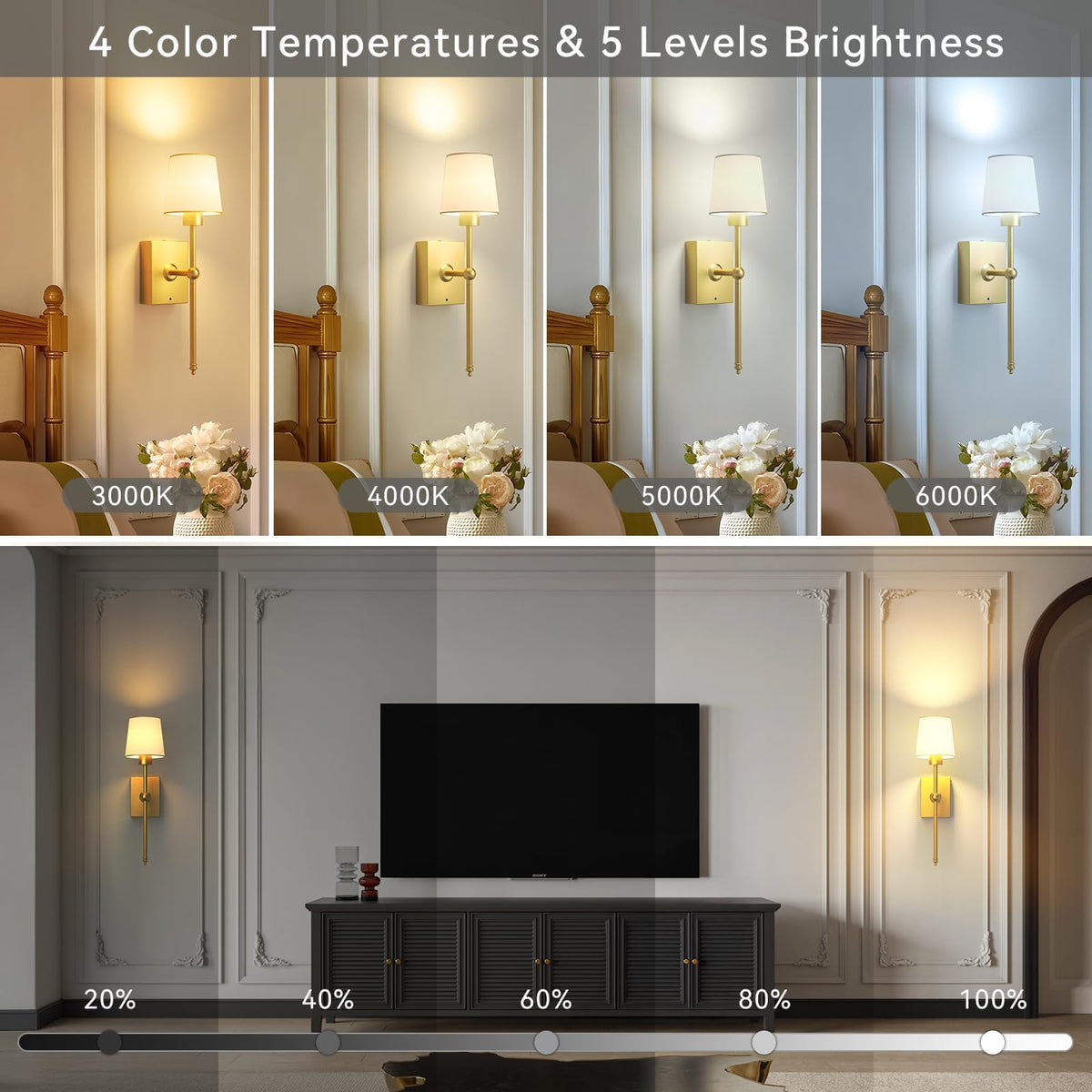 Battery Operated Wall Sconces Set of 2 Gold Rechargeable - iThird Official Imagery - 8