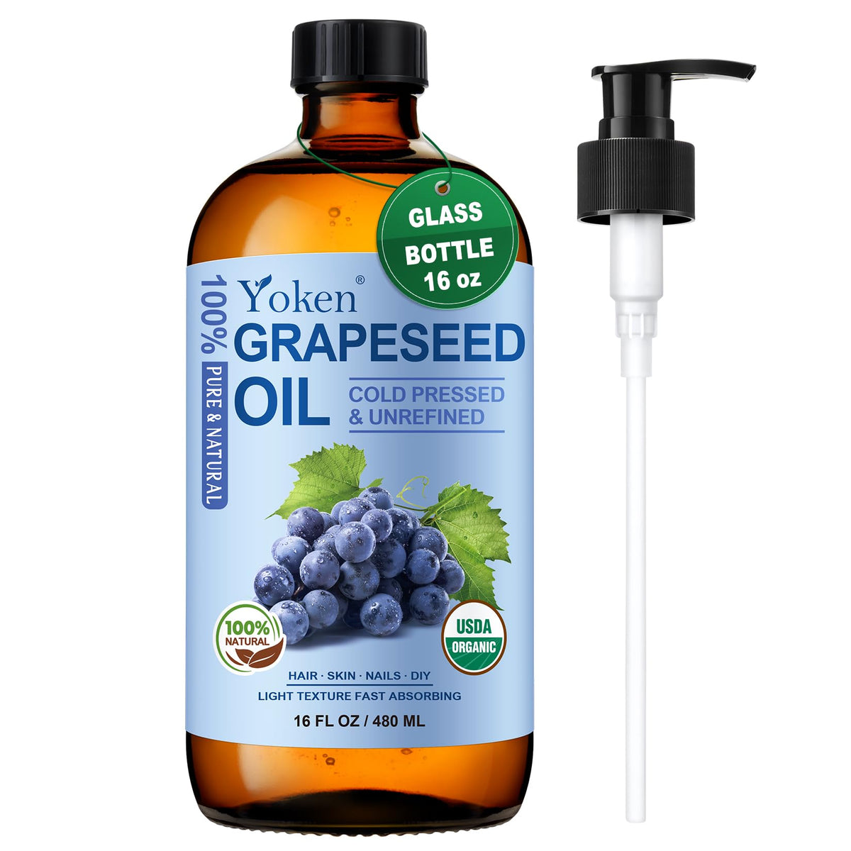 Yoken Organic Grapeseed Oil 16 oz Glass Bottle Cold Pressed - Yoken Official Imagery - 2