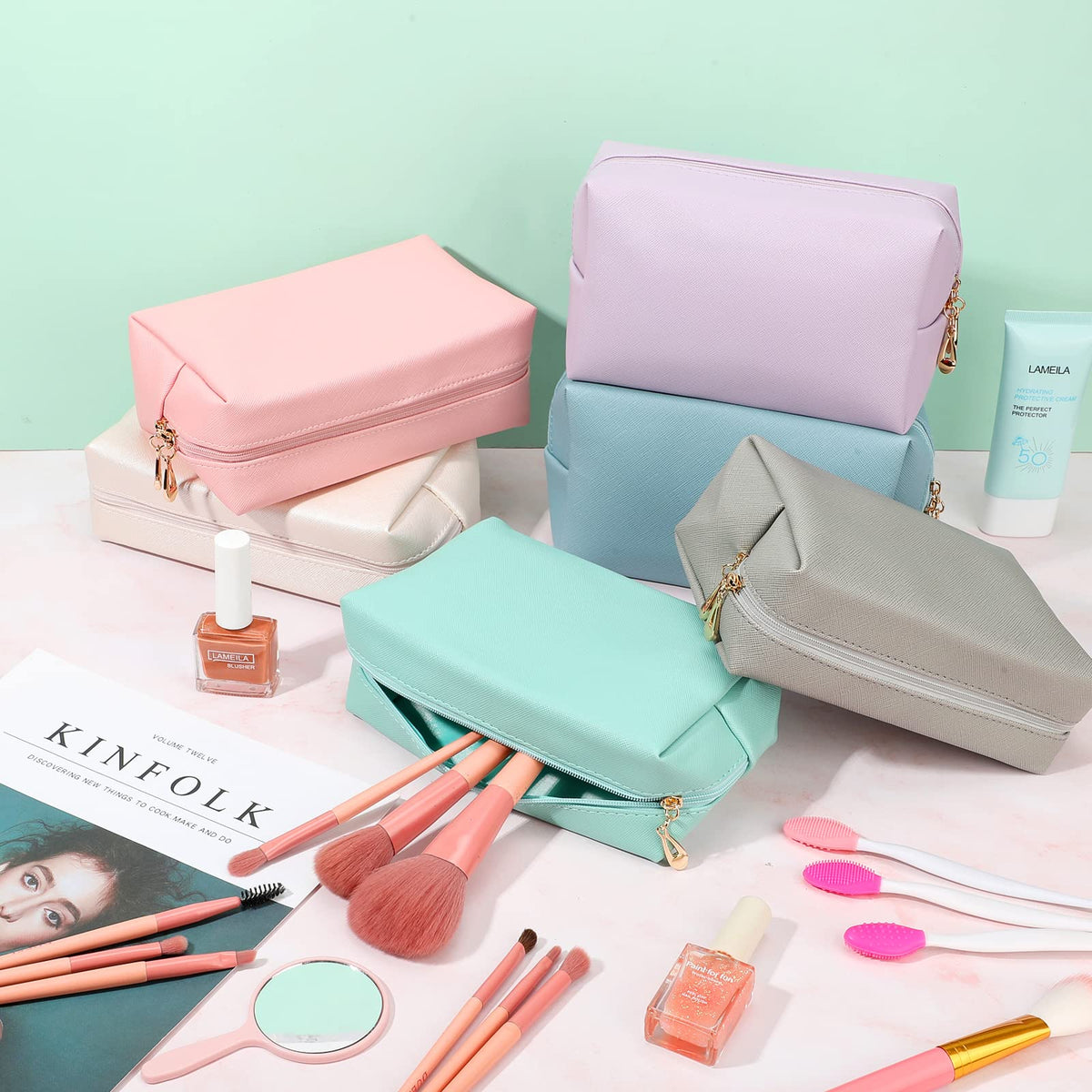 Jexine 6 Pcs Small Preppy Makeup Bag Leather Zipper Cosmetic - Jexine Official Imagery - 6