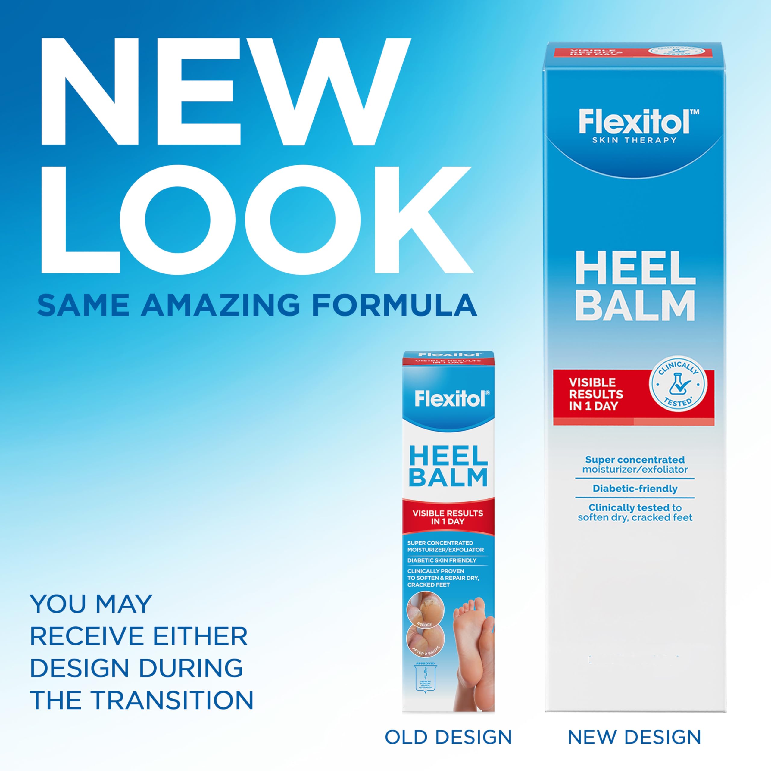 Flexitol Heel Balm in a 4 oz tube, moisturizing cracked heel cream and foot balm for dry, rough skin.