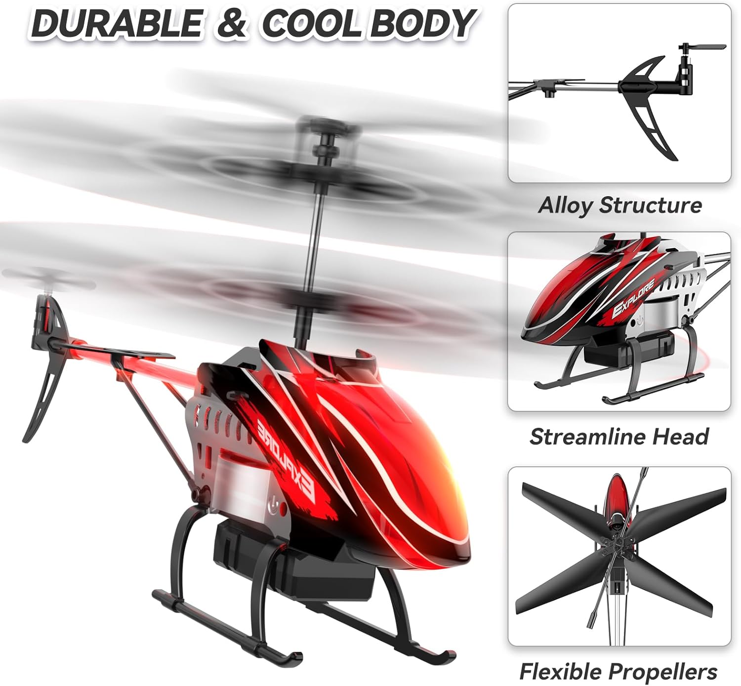 BUSSGO RC helicopter for kids with remote control, featuring colorful design and two batteries for 30 minutes of flight.