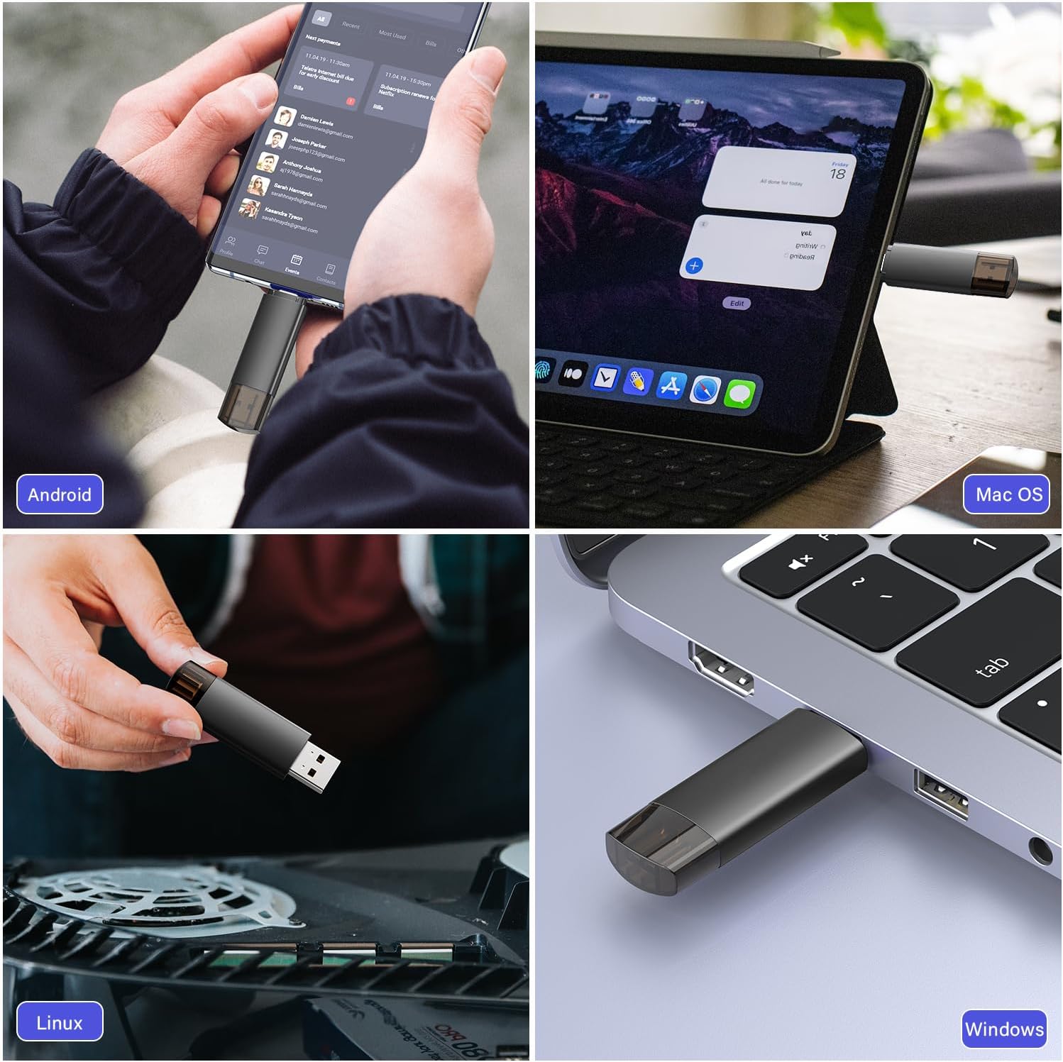 JOIOT 128GB USB C and USB 3.0 dual flash drive with portable design, featuring Type-C and USB A connectors for versatile data transfer.