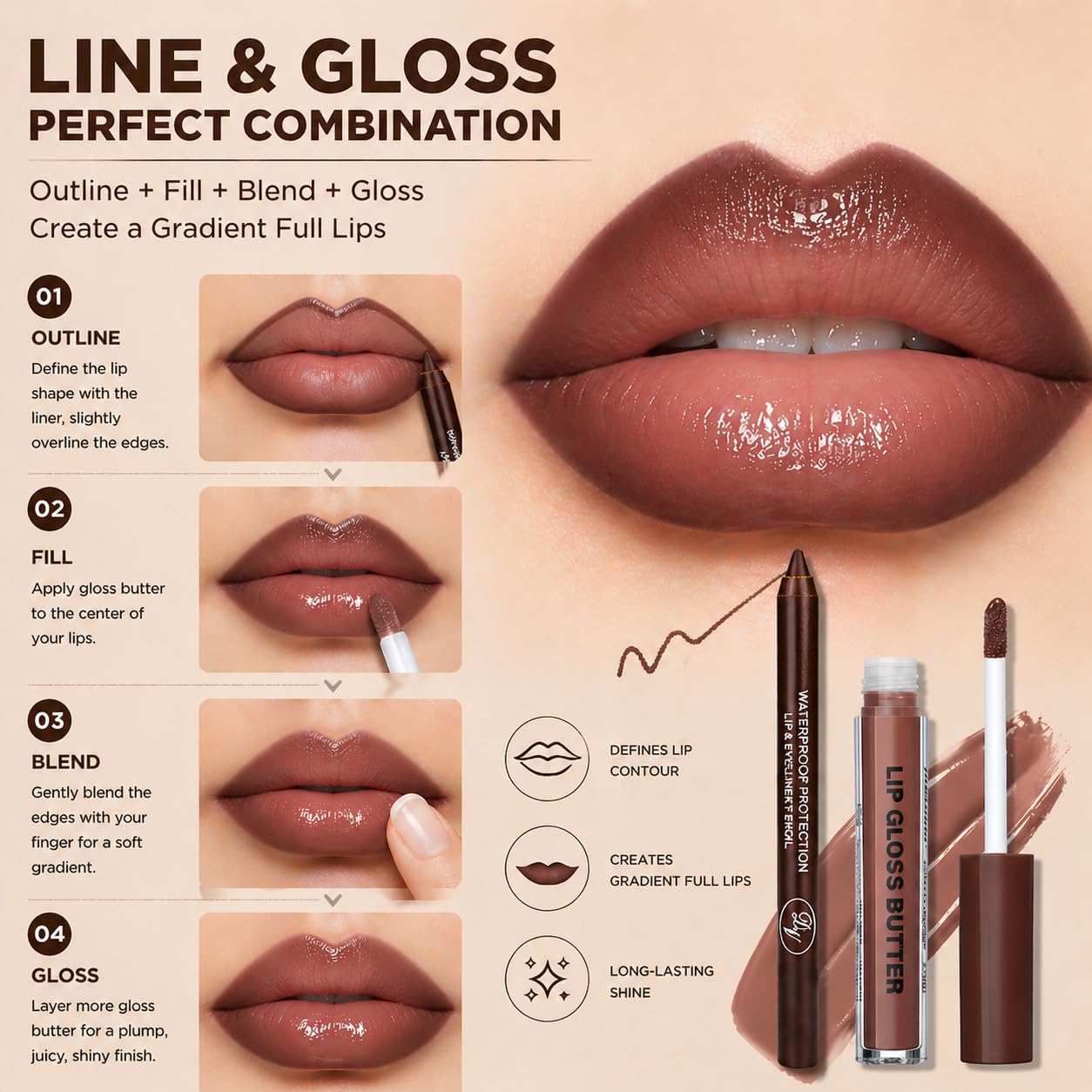 BAISEN DIARY 2PCS Lip Gloss with Brown Lip Liner Lip Combo Set – Choco - View 3