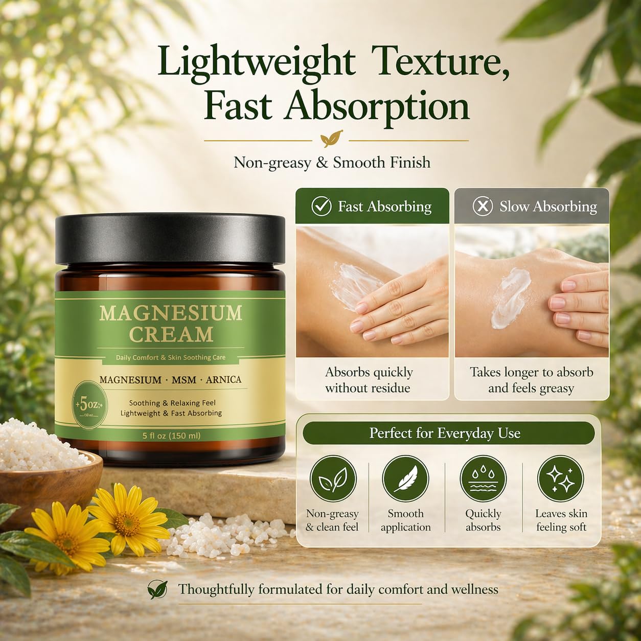Relief Magnesium Cream Soothing Nerve Formula Cream with MSM & Arnica for Knees Muscle Support, 5 Fl Oz (150Ml)