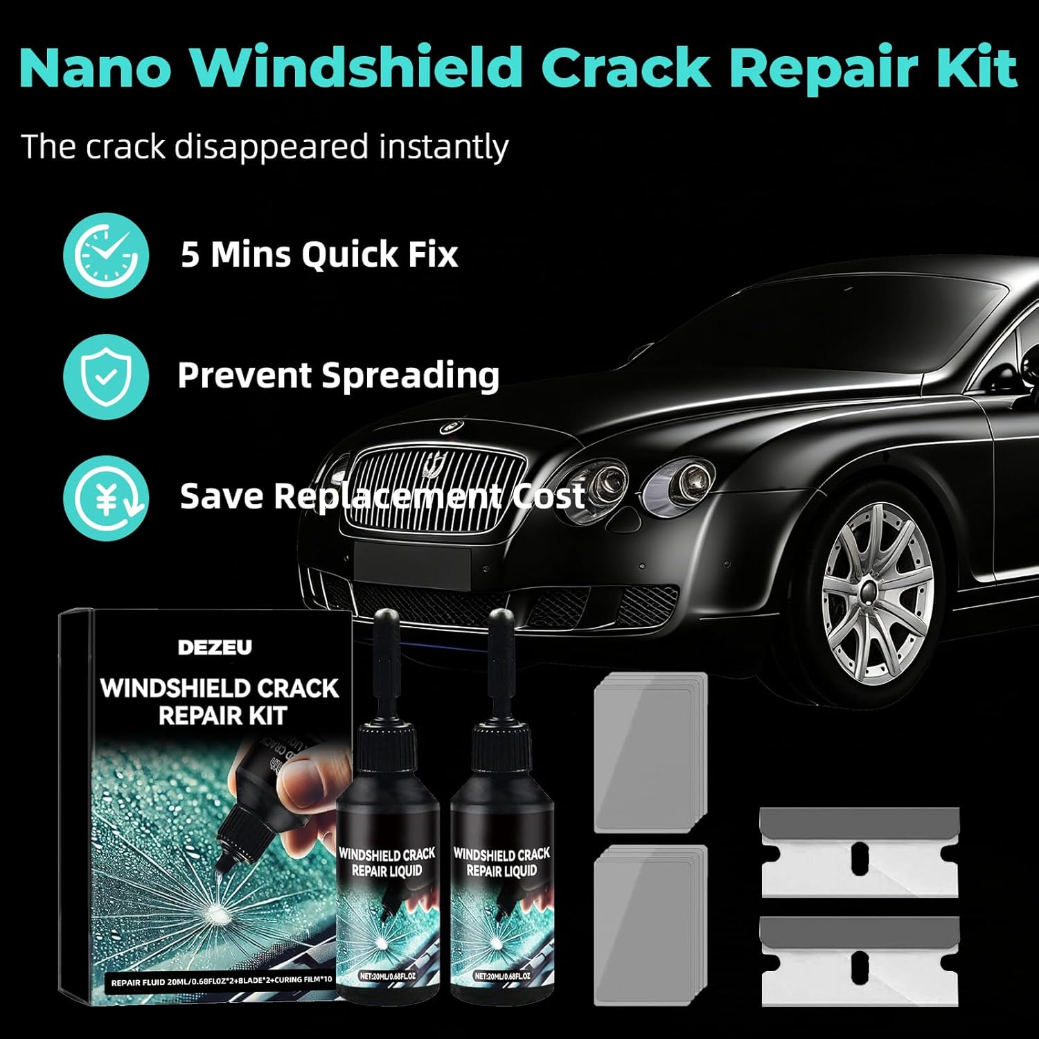 DEZEU 2026 windshield crack repair kit with two upgraded bottles for glass crack repair and damage fixing.
