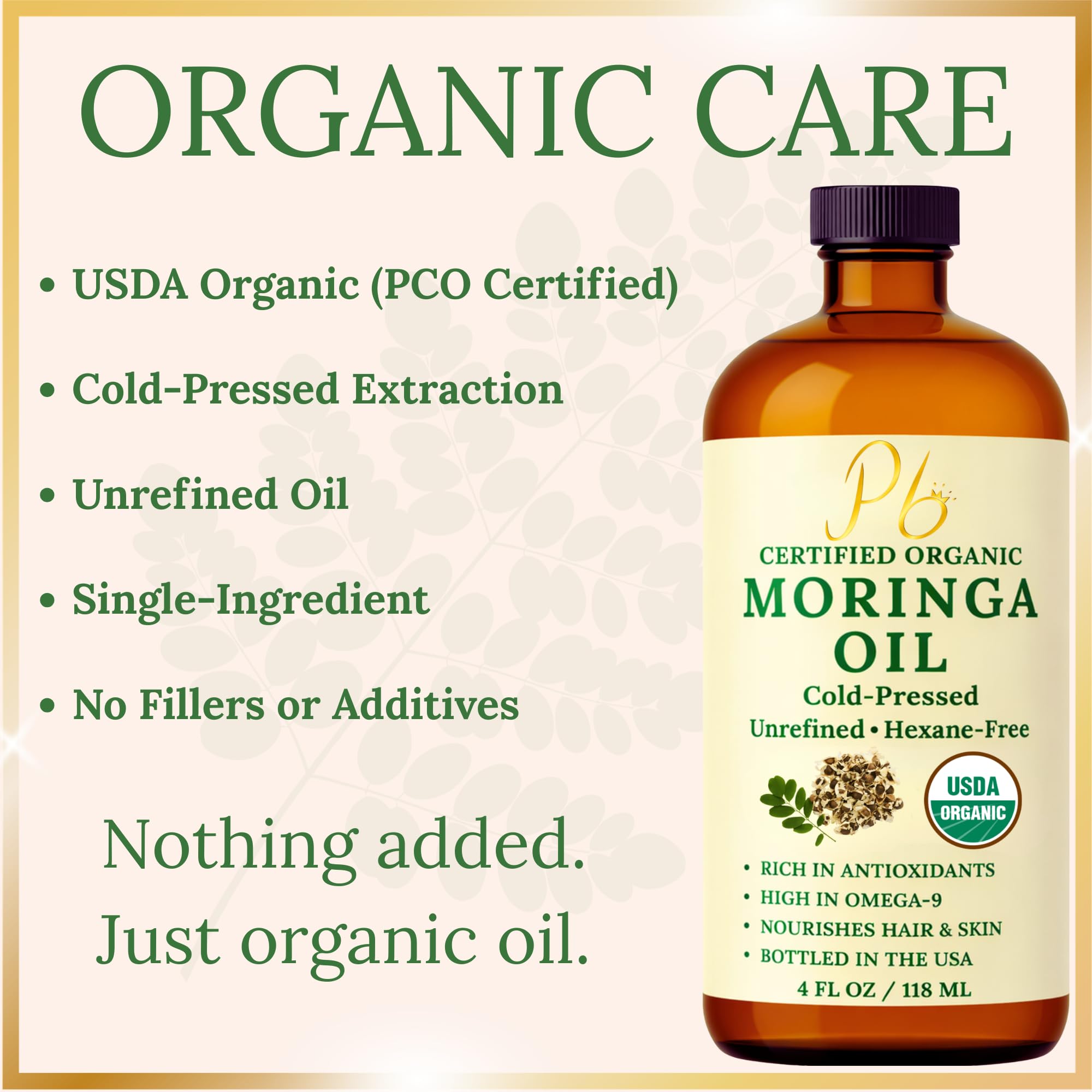 Pomberries Organic Moringa Oil for face, skin, and hair in a 4oz bottle, showing the dark amber glass container and label.