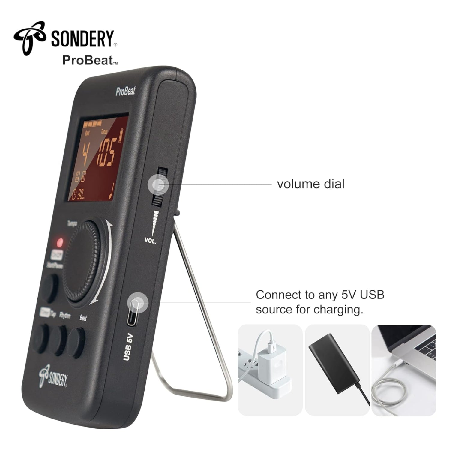 Sondery digital metronome with rechargeable battery, English vocal counting, and timer display on a black and silver device