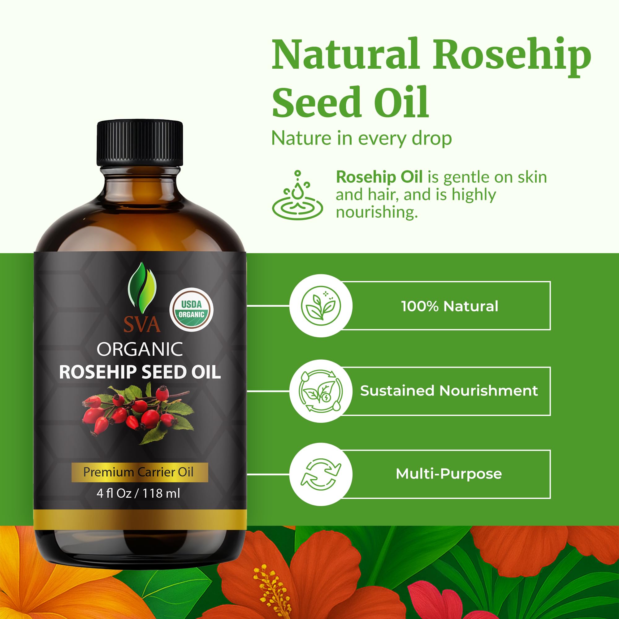 SVA ORGANICS SVA Organic Rosehip Seed Oil, Glass Bottle with Dropper, 4 Fl Oz - SVA ORGANICS Official Product View 2