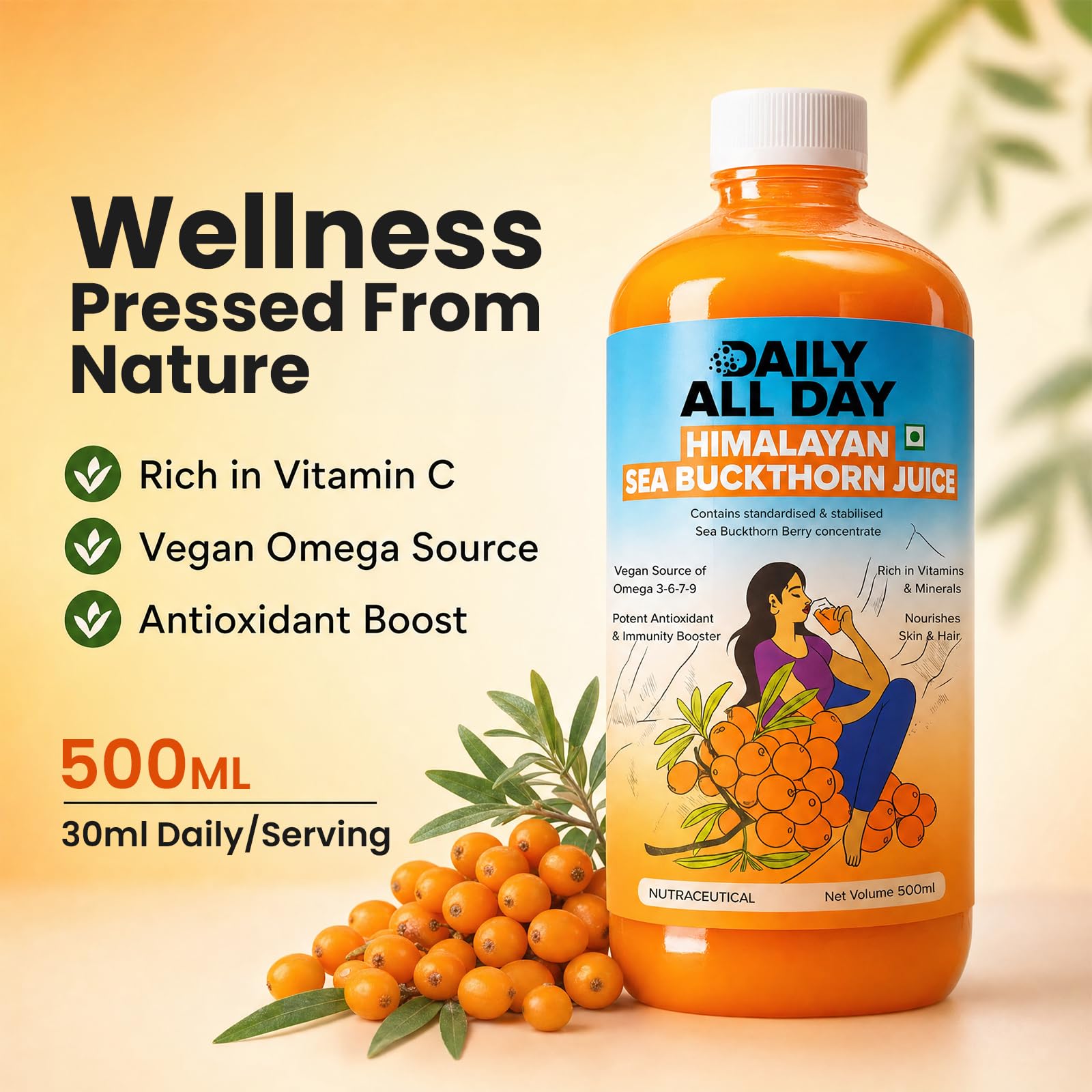 Himalayan Sea Buckthorn Juice Omega 7 Liquid Superfruit - Daily All Day Official Product Imagery - 6