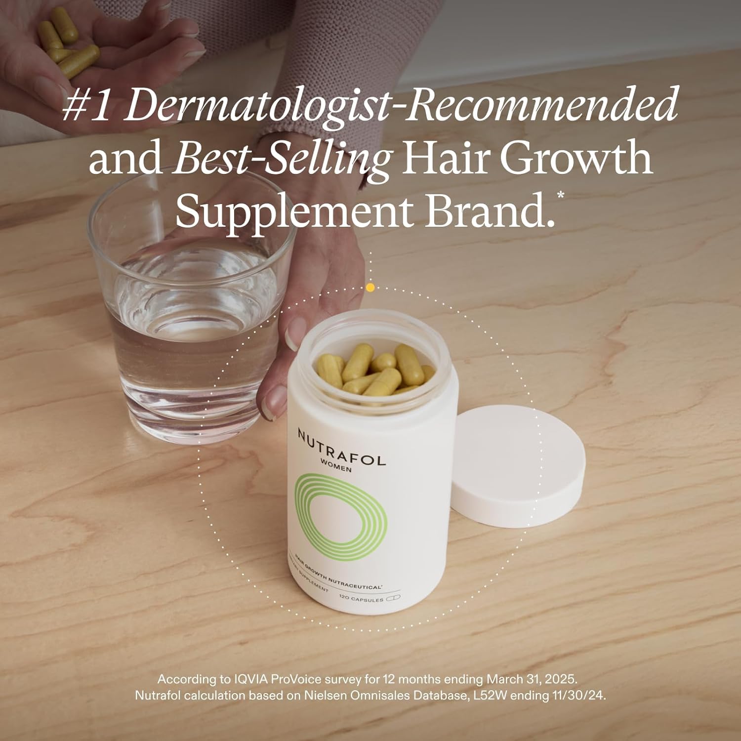 Elefair Nutrafol Women's Hair Growth Supplements for ages 18-44, clinically proven, bottle with capsules and label visible.
