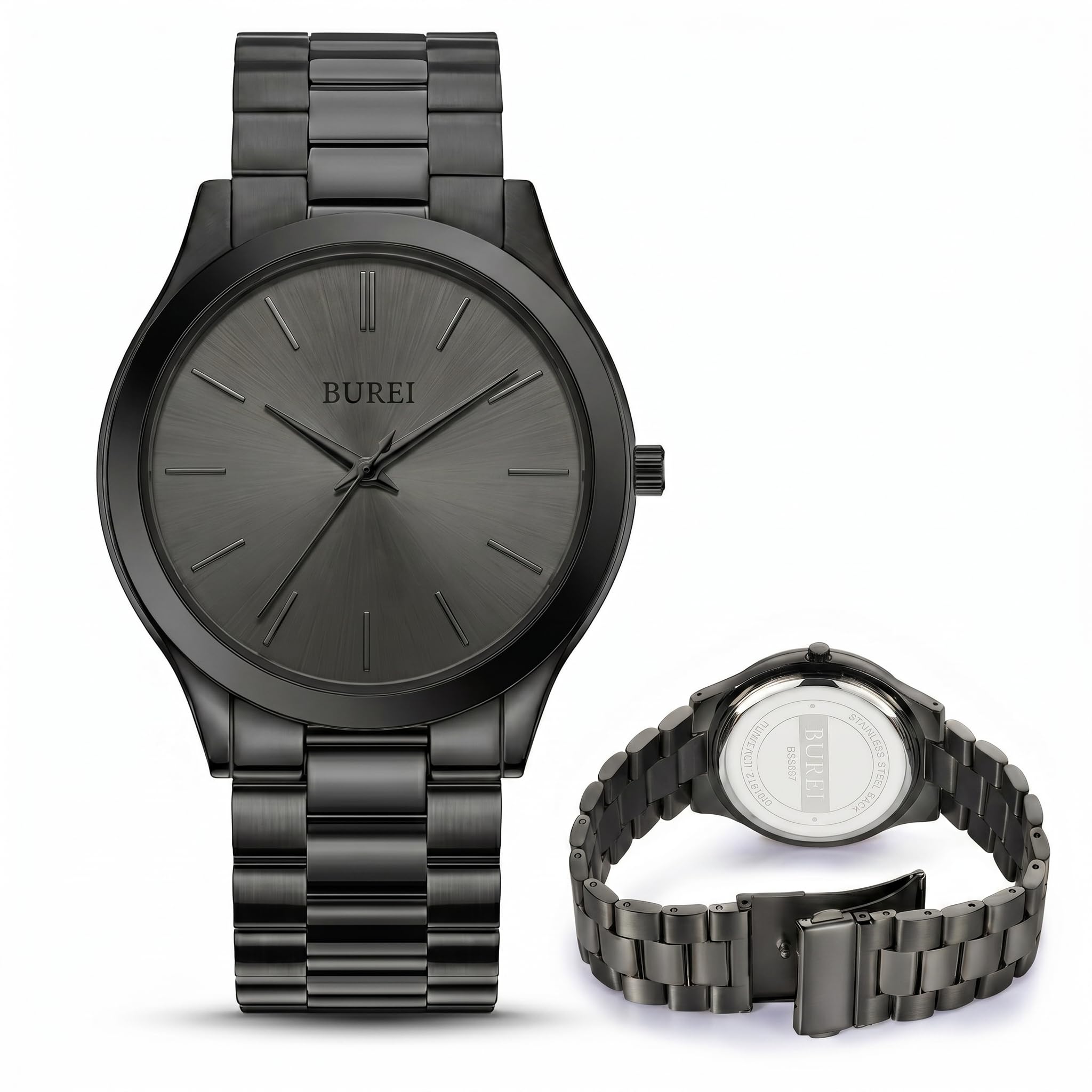 BUREI Men's Wrist Watch, Analog Stainless Steel Dress Waterproof - Product Imagery