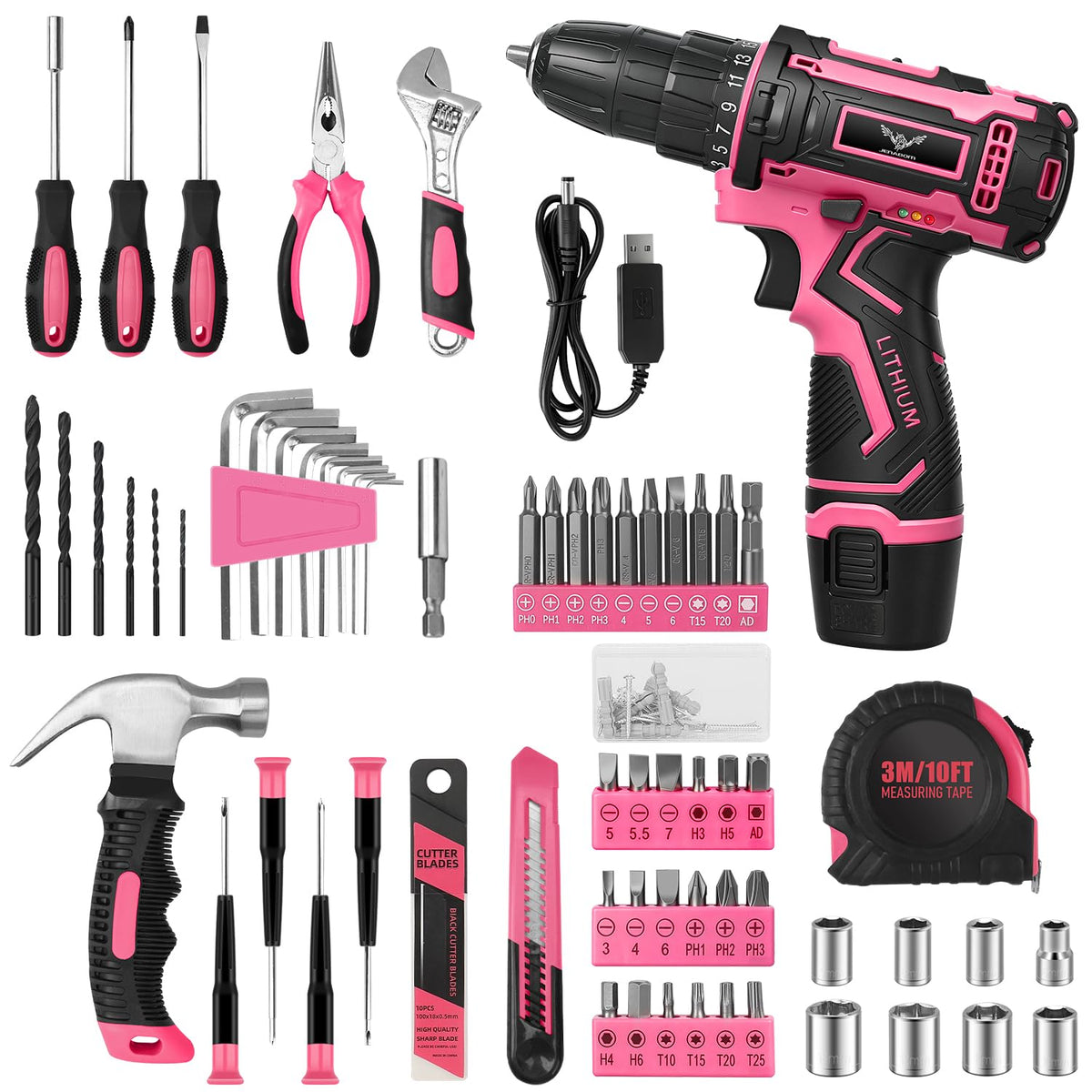 12V Cordless Drill Tool Set Home Tool Set with Pink Drill - JENABOM Official Imagery - 3