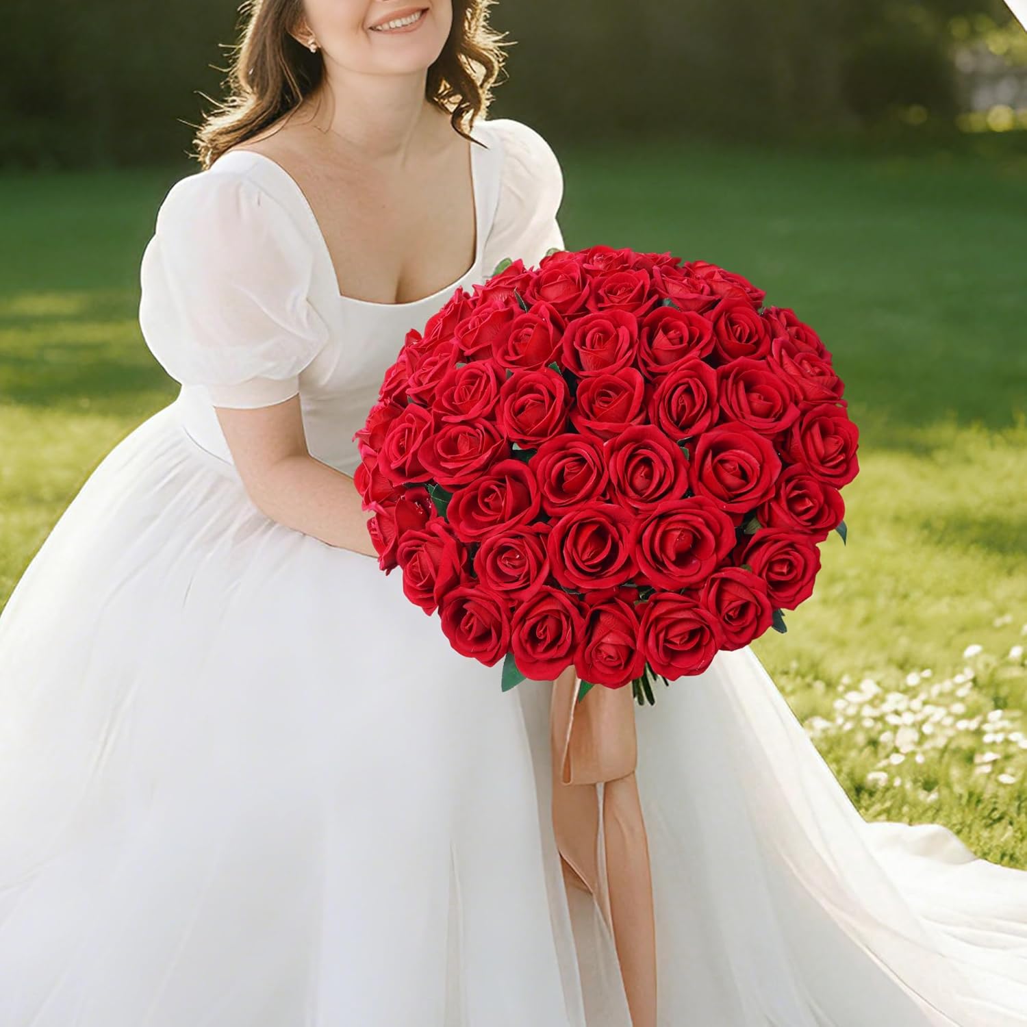 Set of 50 artificial red roses with long stems, realistic-looking fake flowers from INSPRING for decorative use.