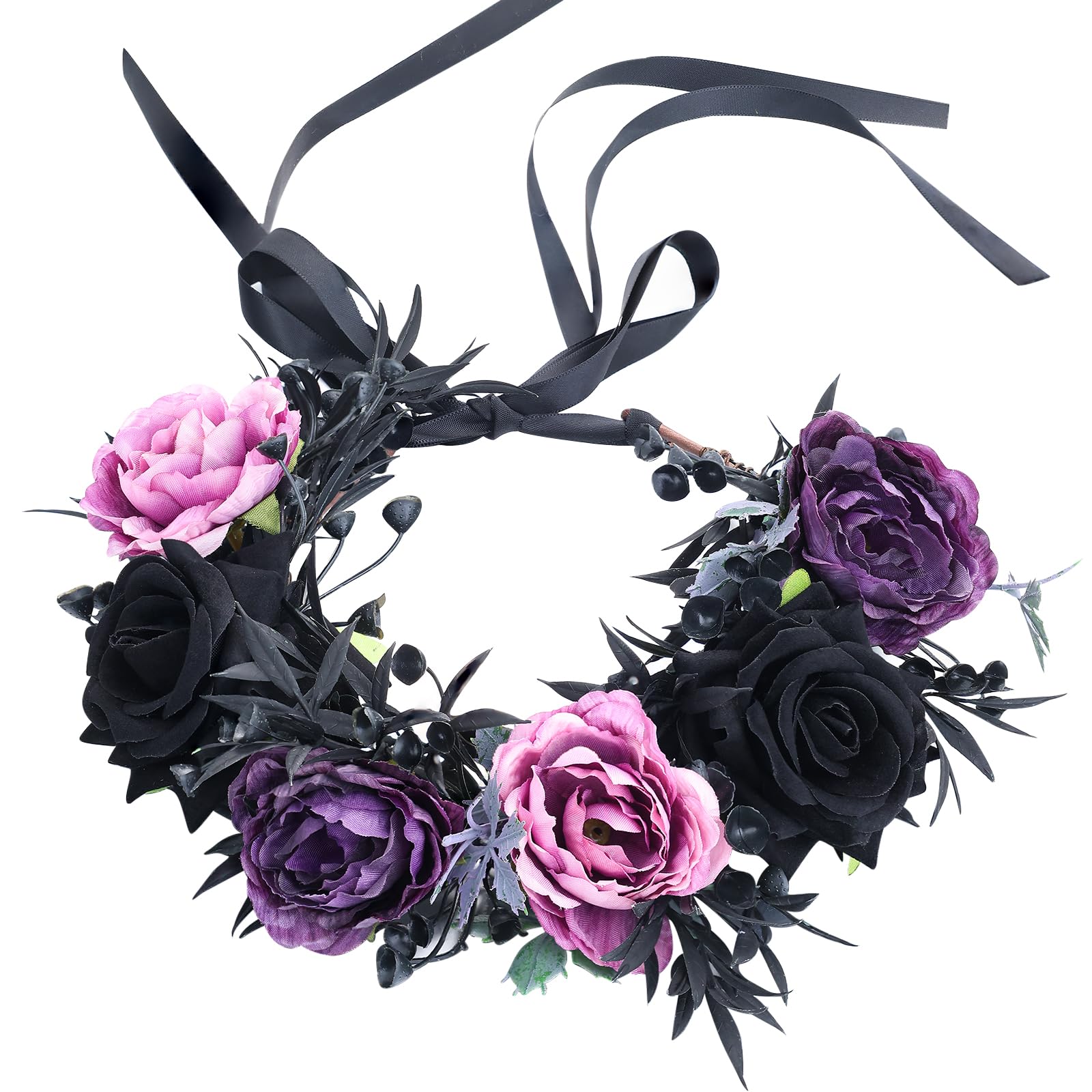 Black and purple gothic flower crown hairband with dark romantic roses and floral accents, perfect for alternative fashion styles.