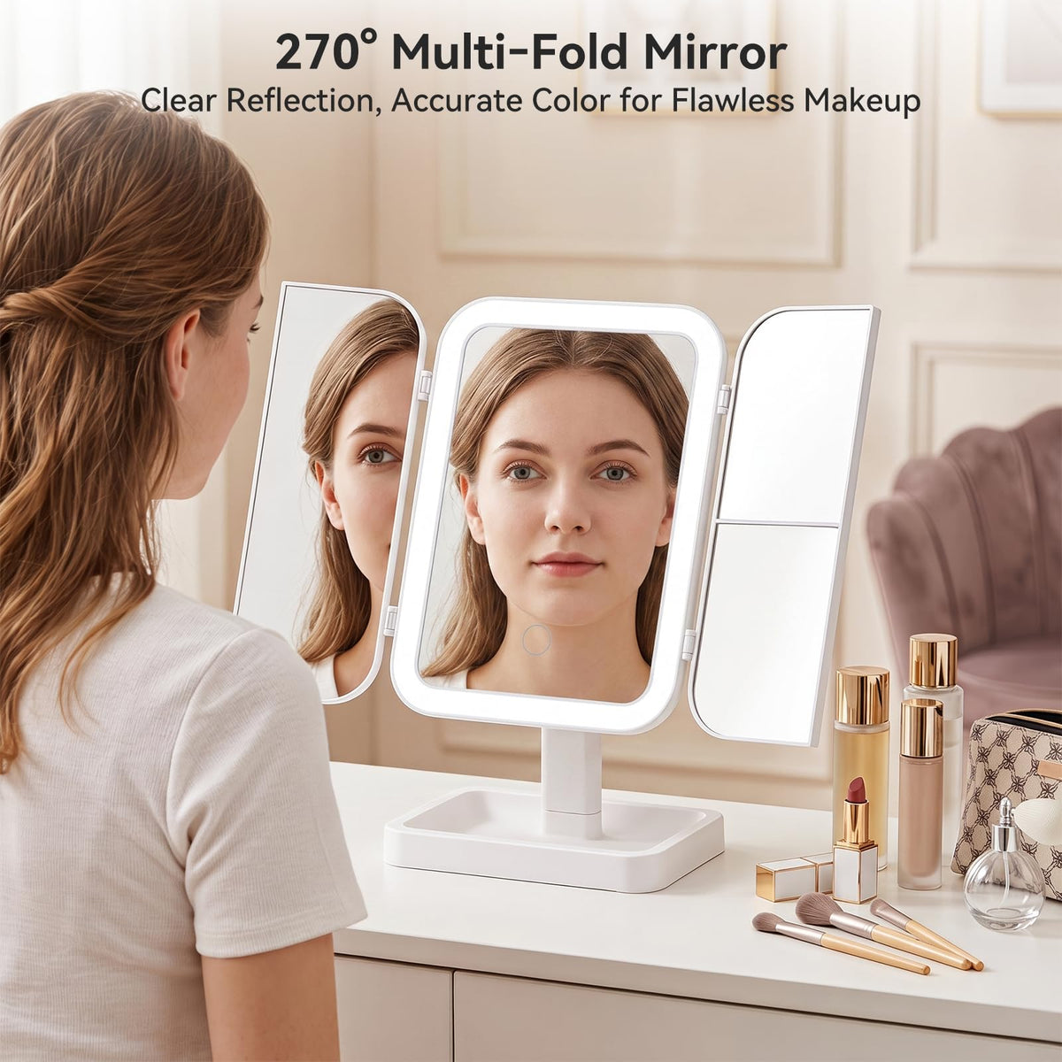 13 Fold Lighted Makeup Mirror 3 Color Tri Fold LED Vanity - FaHaner Official Imagery - 4
