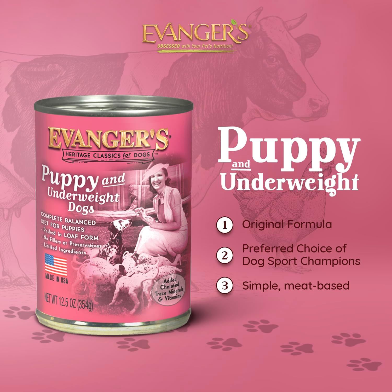 Evanger's Heritage Classic Puppy and Underweight dog food 12-pack, 12.8 oz cans, showing cans with labels and product packaging