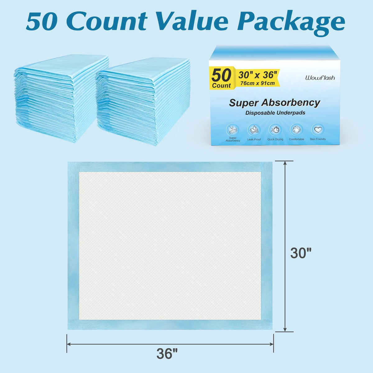 50 Count 30 x 36 Super Absorbency Disposable Underpads - Wowflash Official Imagery - 3