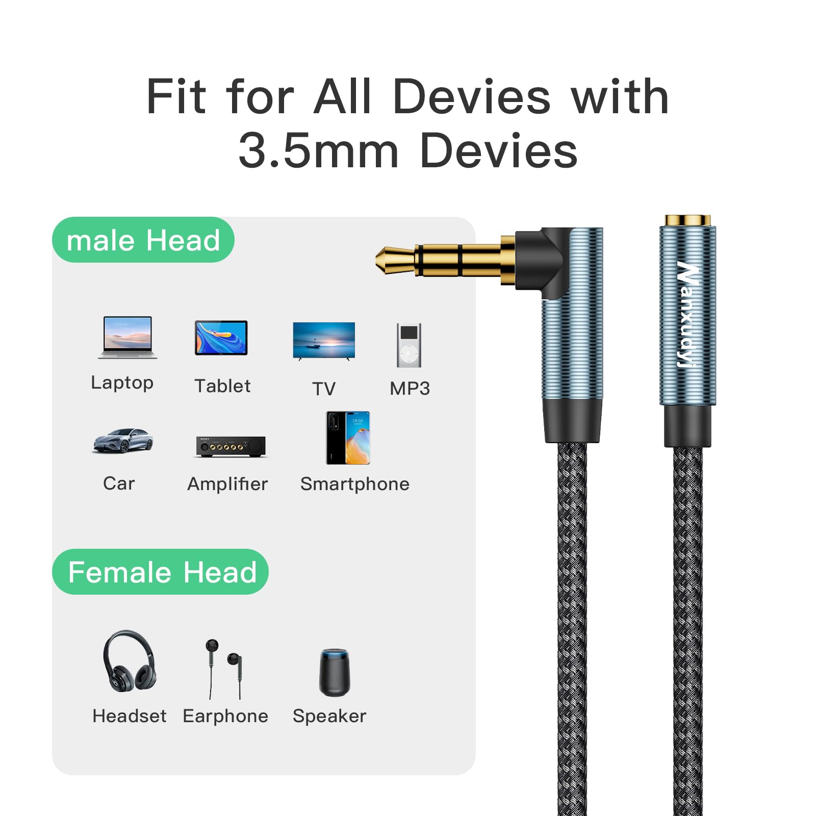Nanxudyj 3.5mm Headphone Extension Cable Right Angle, 3.5mm Male by Nanxudyj - Angle View 4