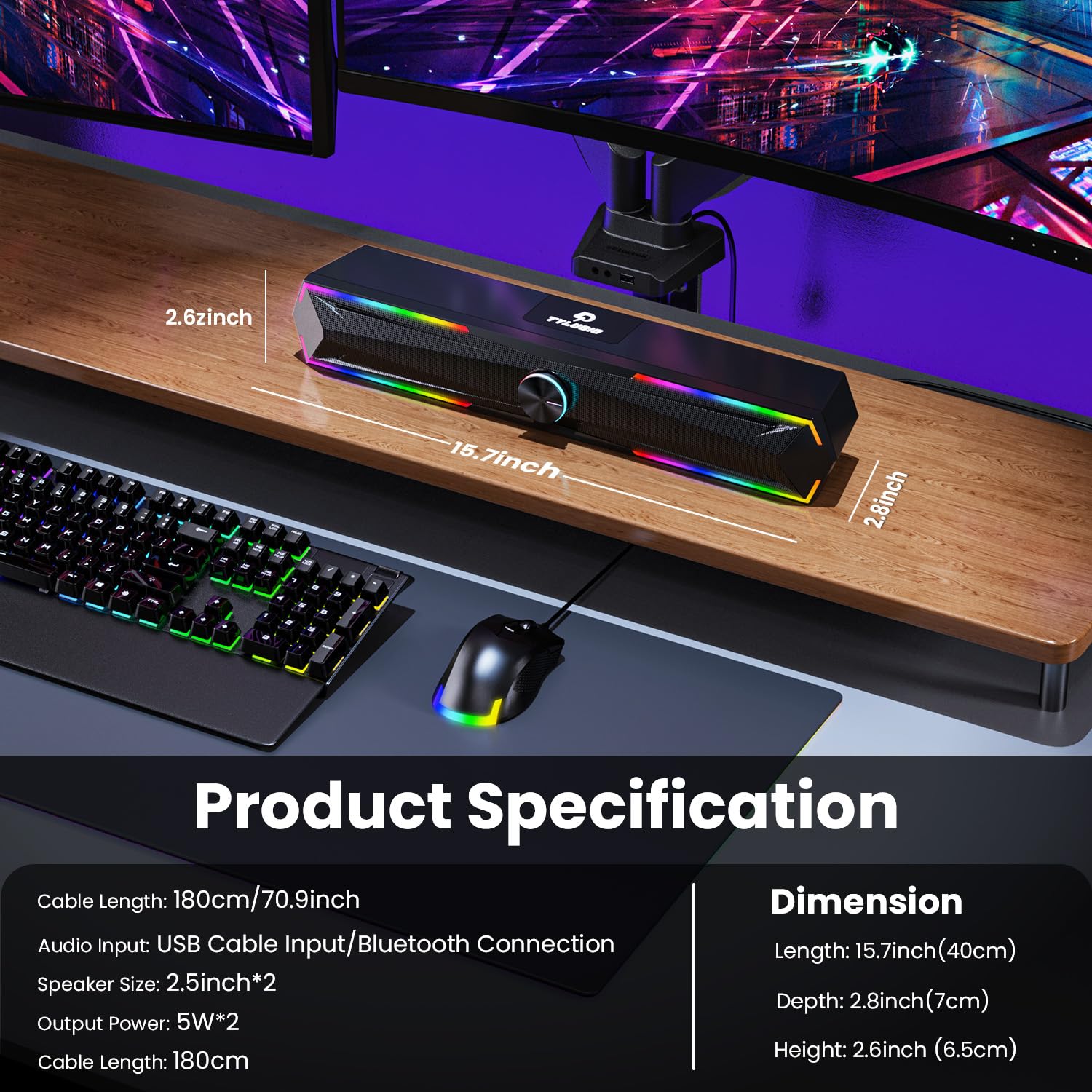 Tylubio Computer Speakers for Pc Desktop with Clear Sound, Flowing LED PC Speaker for Computer Desktop Laptop Monitor, Bluetooth & USB Input Black