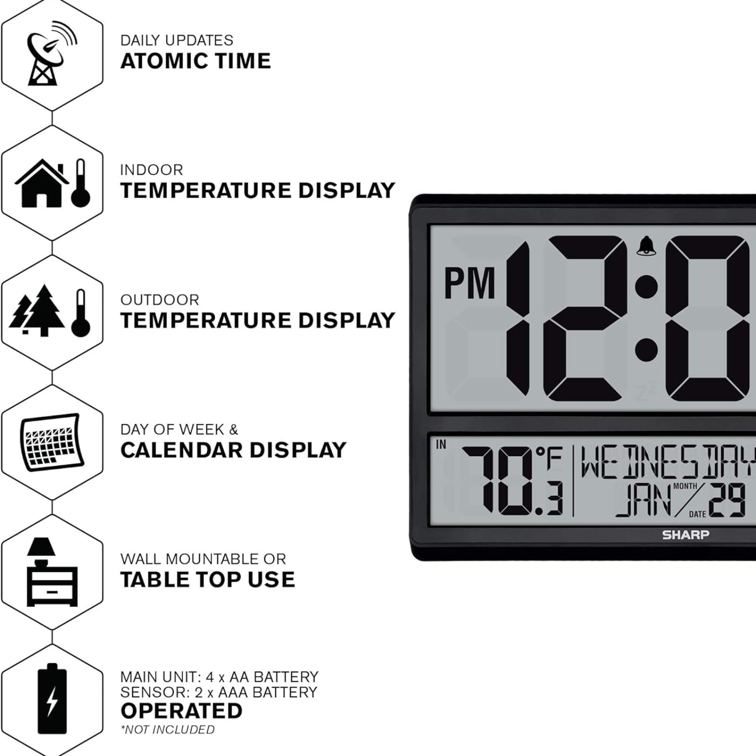 Sharp Atomic Clock with easy-to-read numbers, designed for indoor and outdoor use, never needs setting, displays precise time.