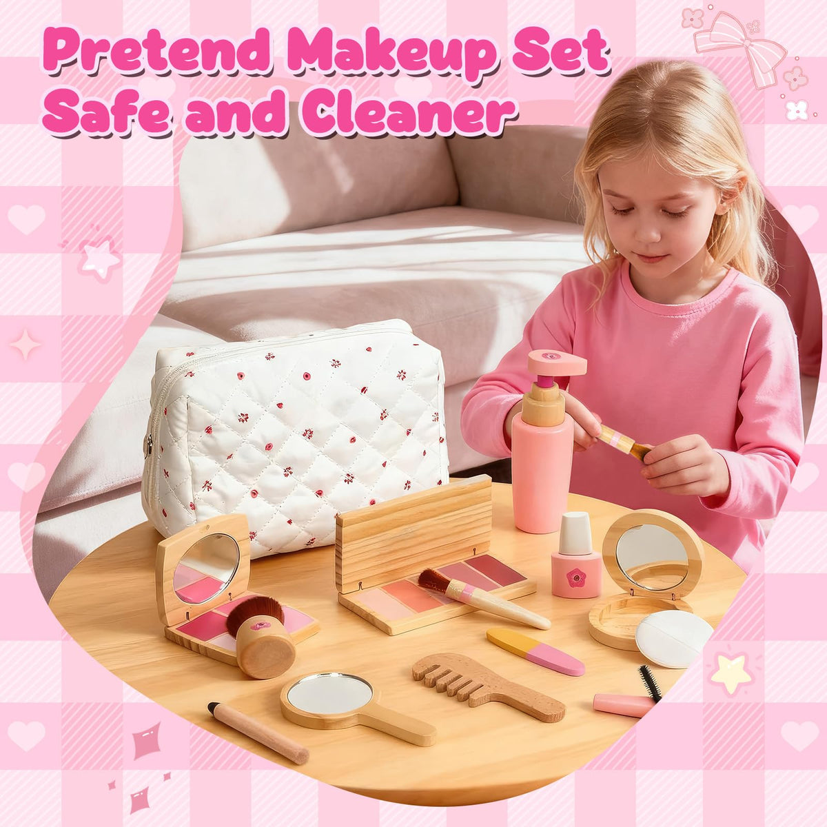 Wooden Makeup Toy Set for Toddler Play Makeup Kit for Girls - KIDBEST Official Imagery - 6