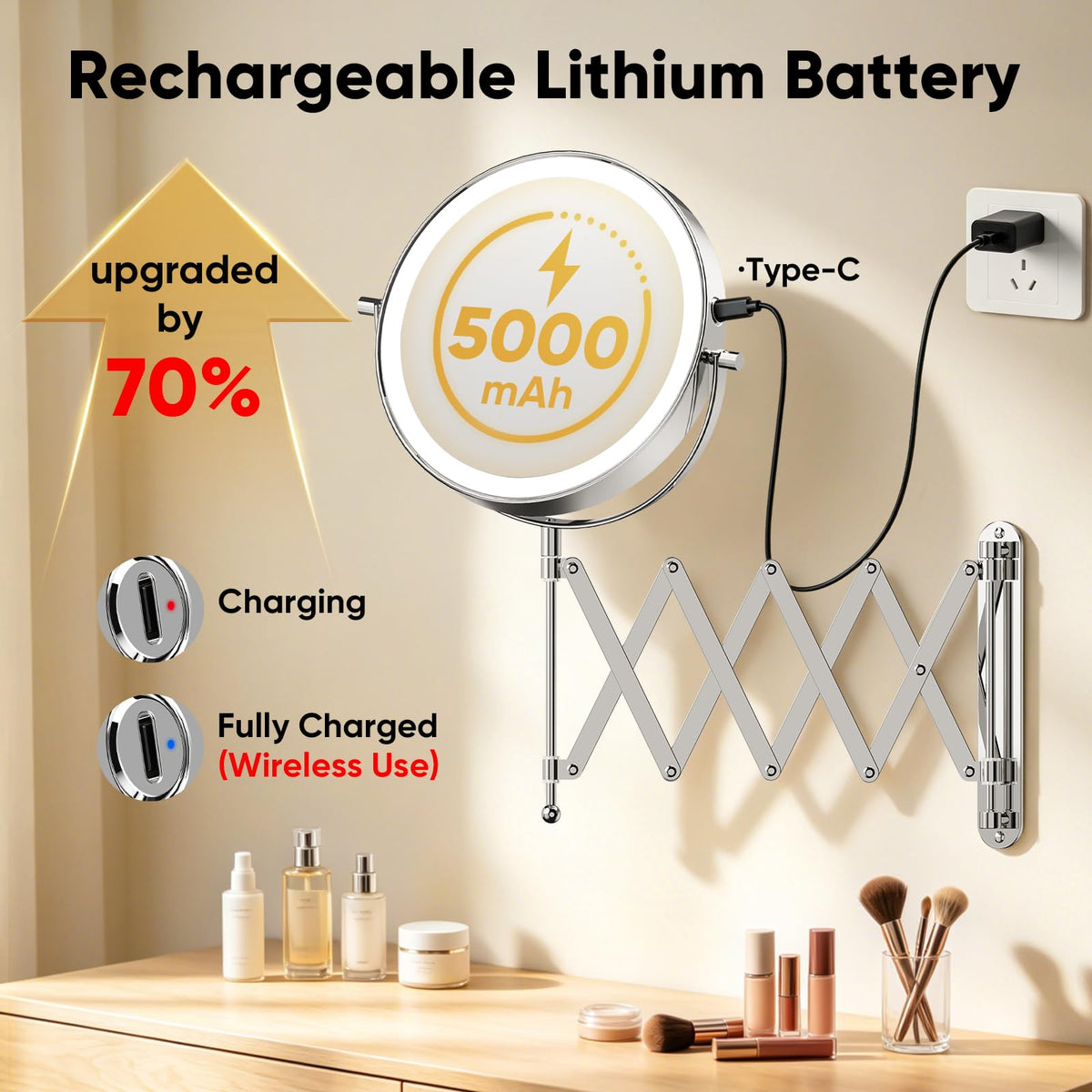 8 Rechargeable Wall Mounted Makeup Mirror Double Sided - FASCINATE Official Imagery - 7
