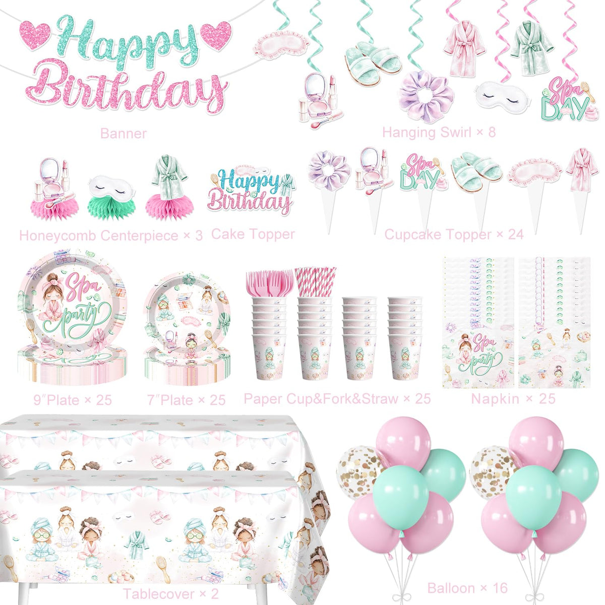 205pcs Spa Party Supplies for Girls Tableware Set for 25 - Yingoto Official Imagery - 4