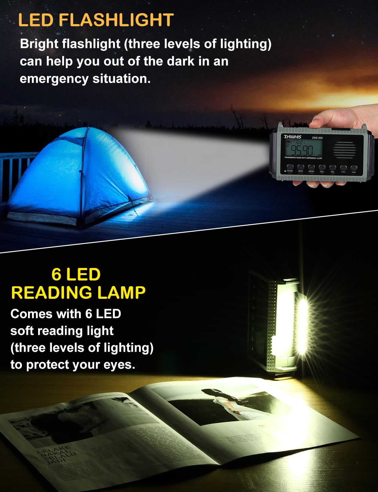 ZHIWHIS Emergency Radio with Auto NOAA Alerts, 10000mAh AM FM SW by ZHIWHIS - Angle View 6