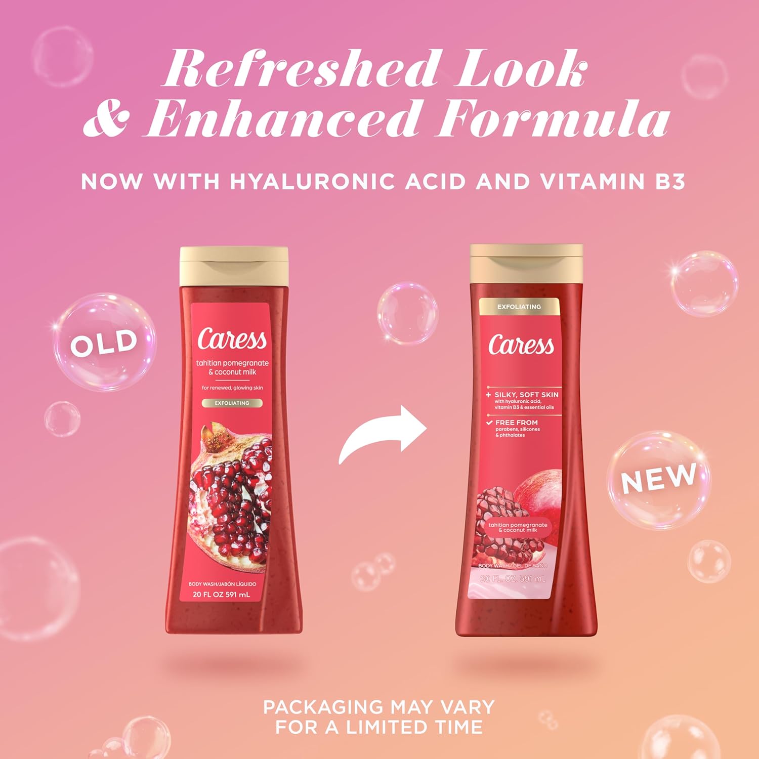 Caress Tahitian Pomegranate and Coconut Milk exfoliating body wash with a pump dispenser, featuring a colorful label and textured bottle.