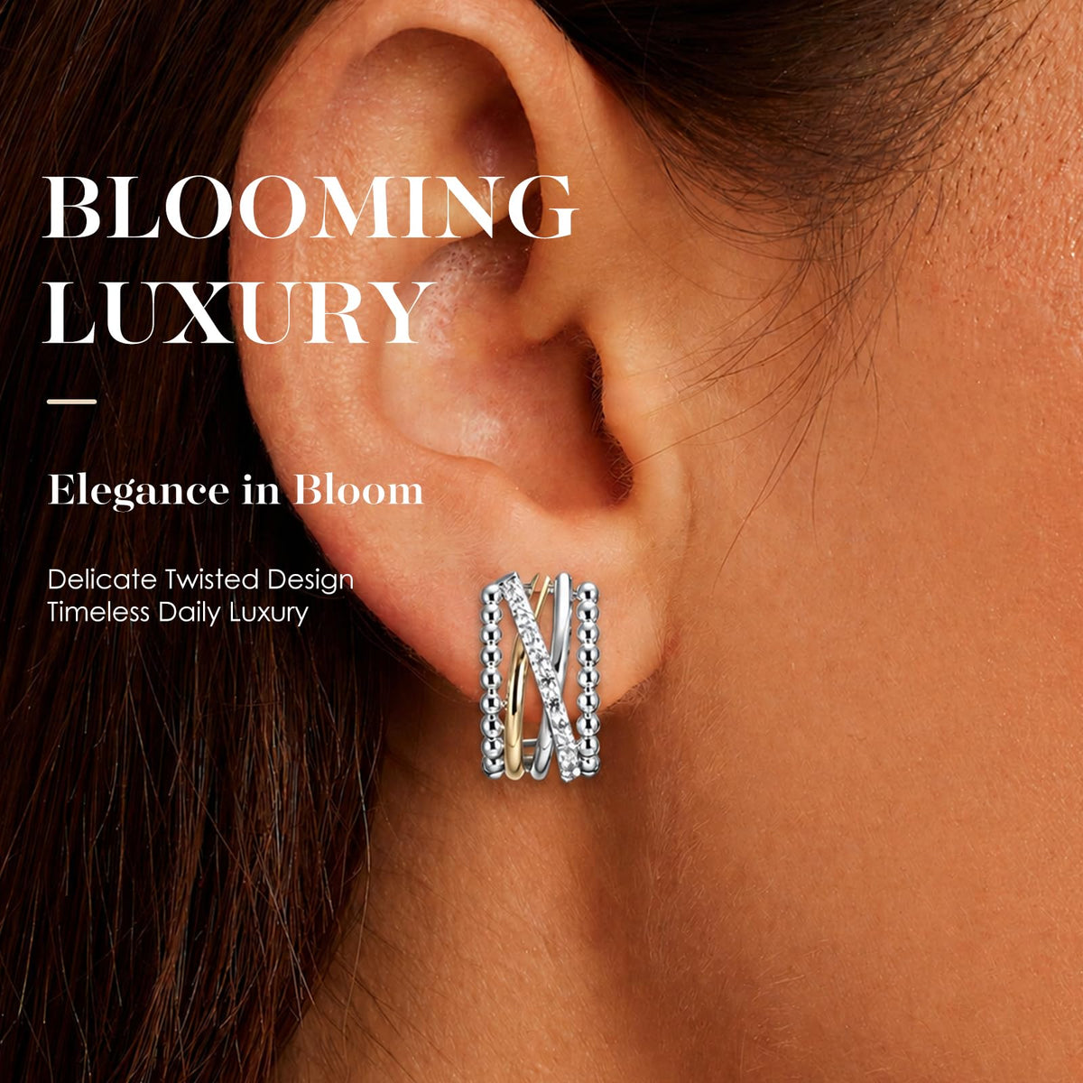 Two Tone Jewelry Twisted CZ Hoop Stud Earrings Rhodium - MWAHXIAO Official Imagery - 3