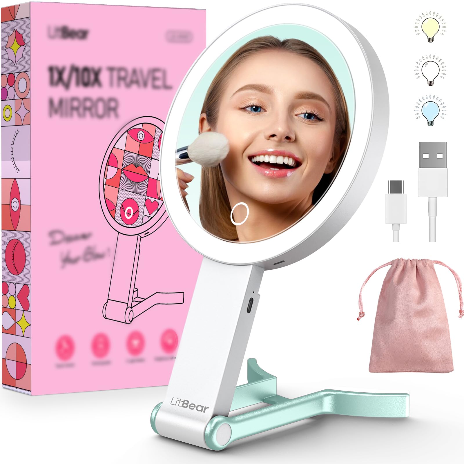 LitBear Travel Makeup Mirror with Light Rechargeable Double - LitBear Official Product Imagery - 1